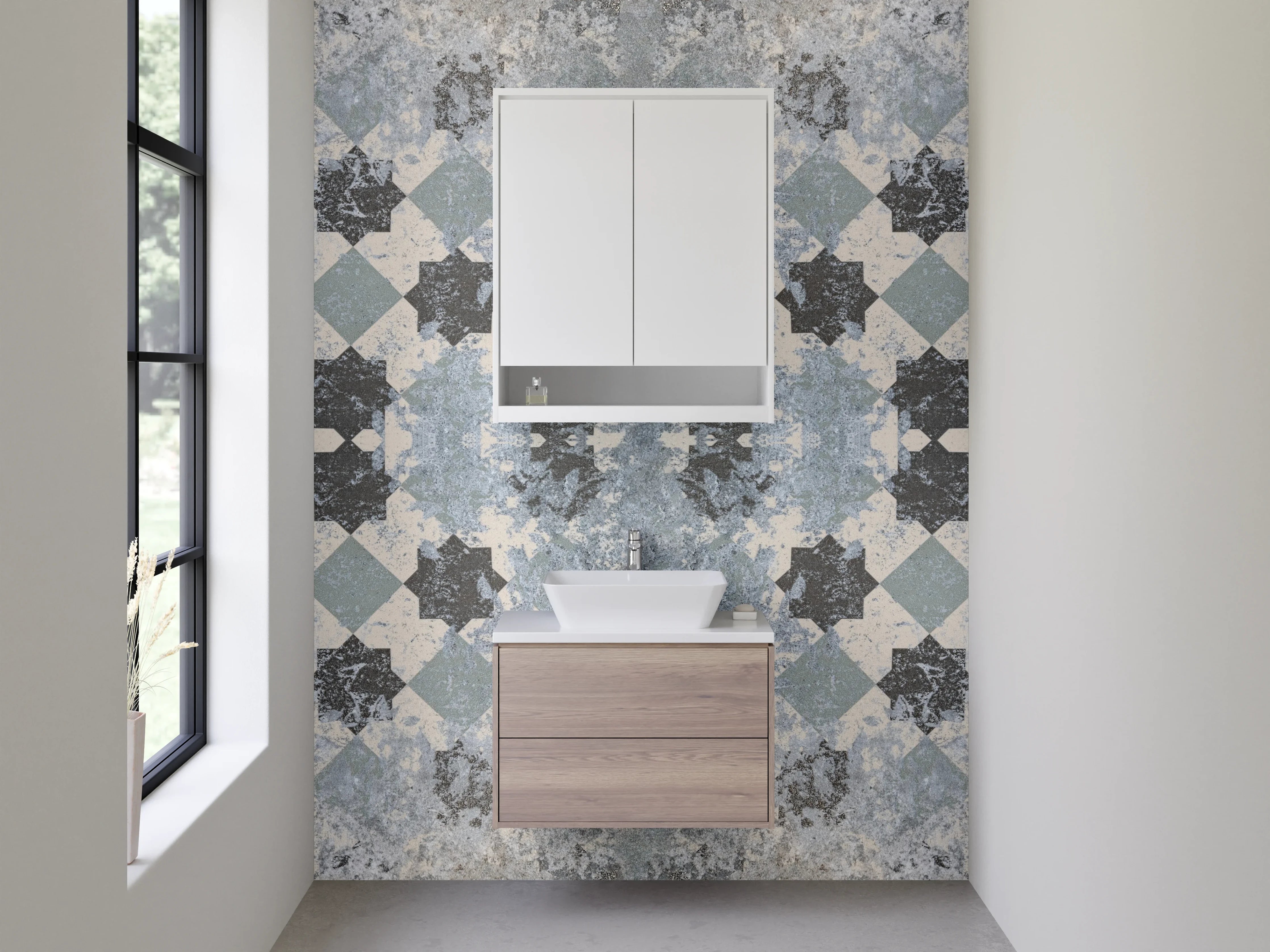 Waschbecken-Rückwand - Modernes Mosaik Muster in Grau Blau Weiß