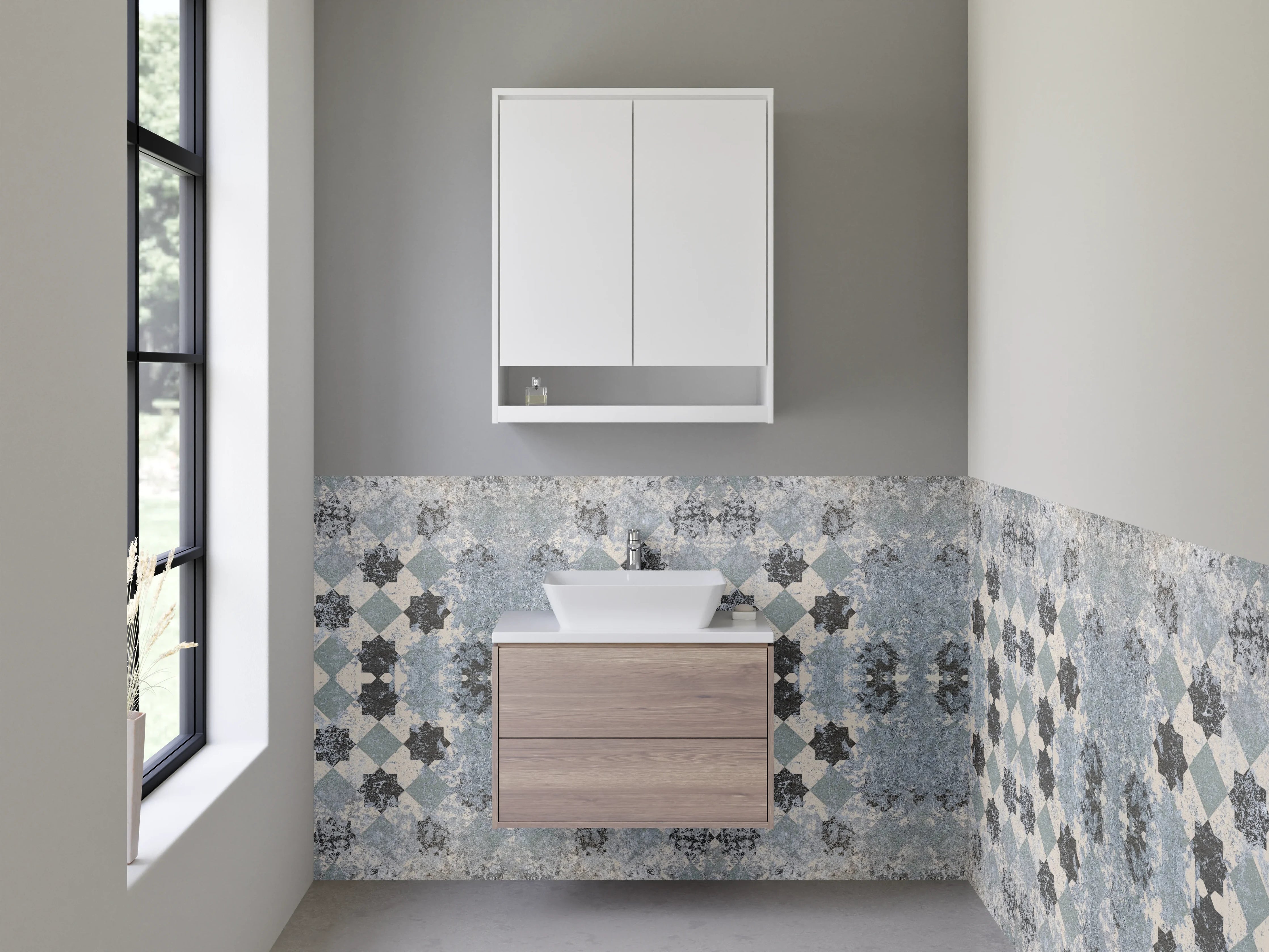 Waschbecken-Rückwand - Modernes Mosaik Muster in Grau Blau Weiß