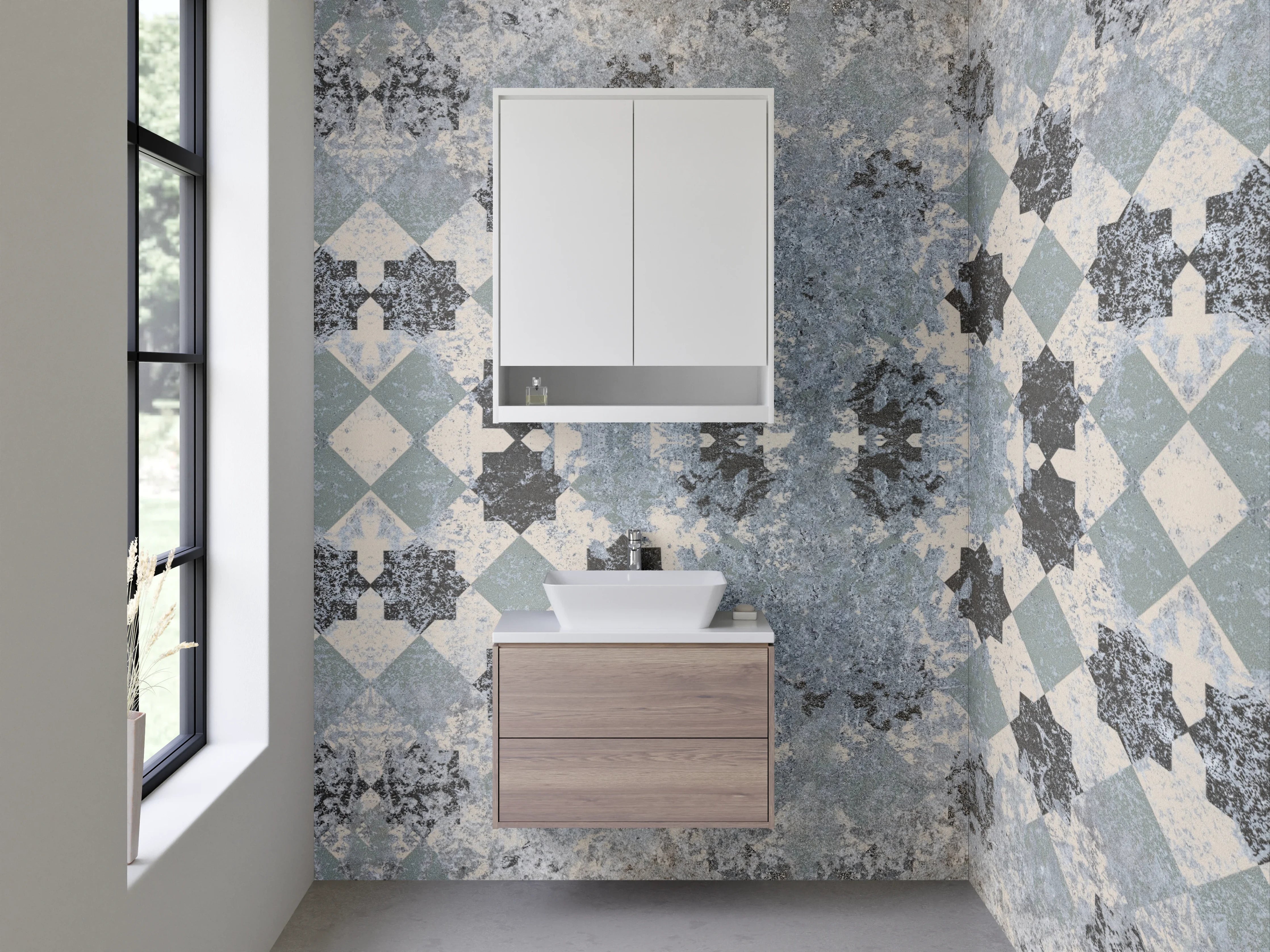 Waschbecken-Rückwand - Modernes Mosaik Muster in Grau Blau Weiß