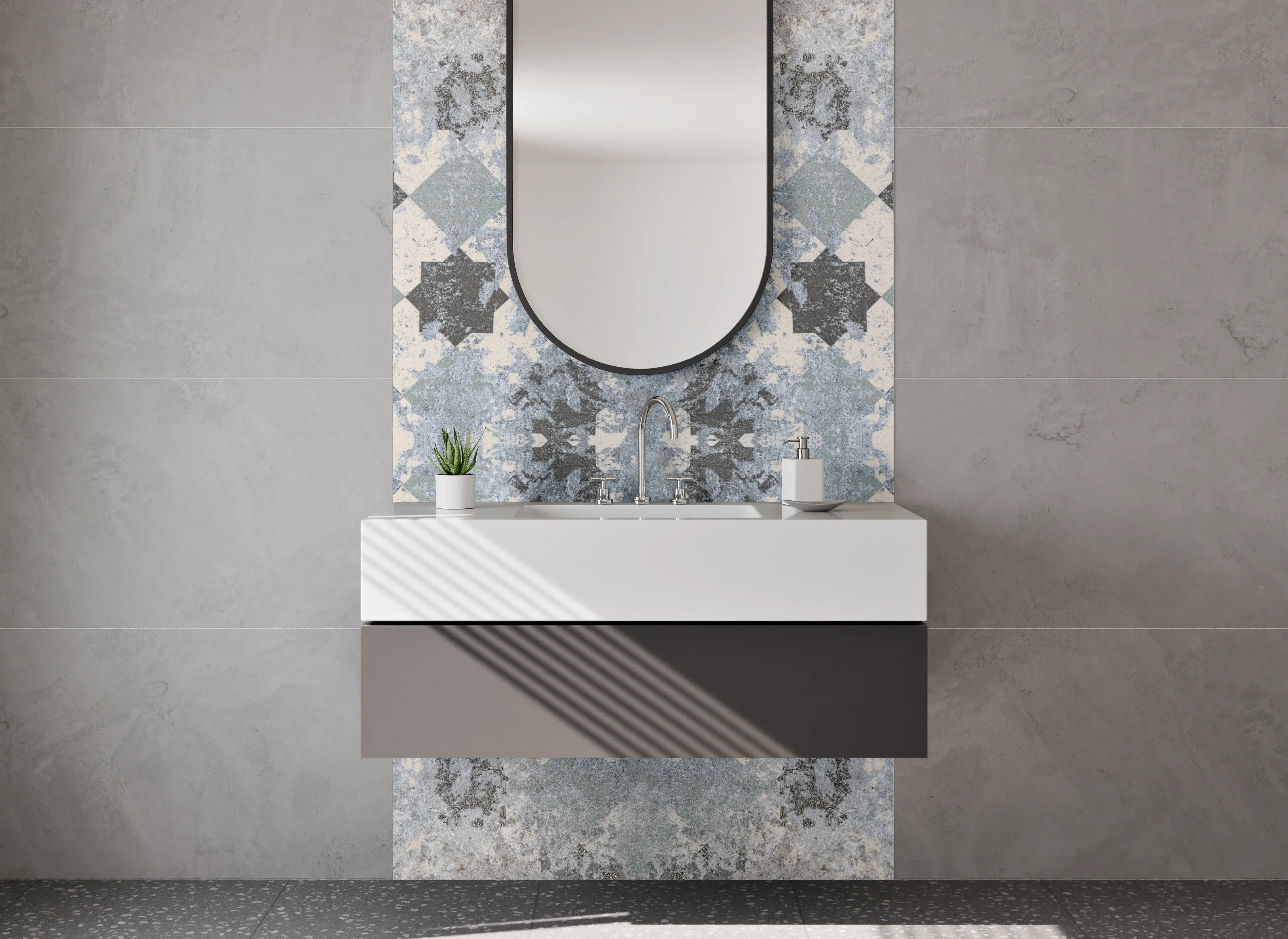Waschbecken-Rückwand - Modernes Mosaik Muster in Grau Blau Weiß