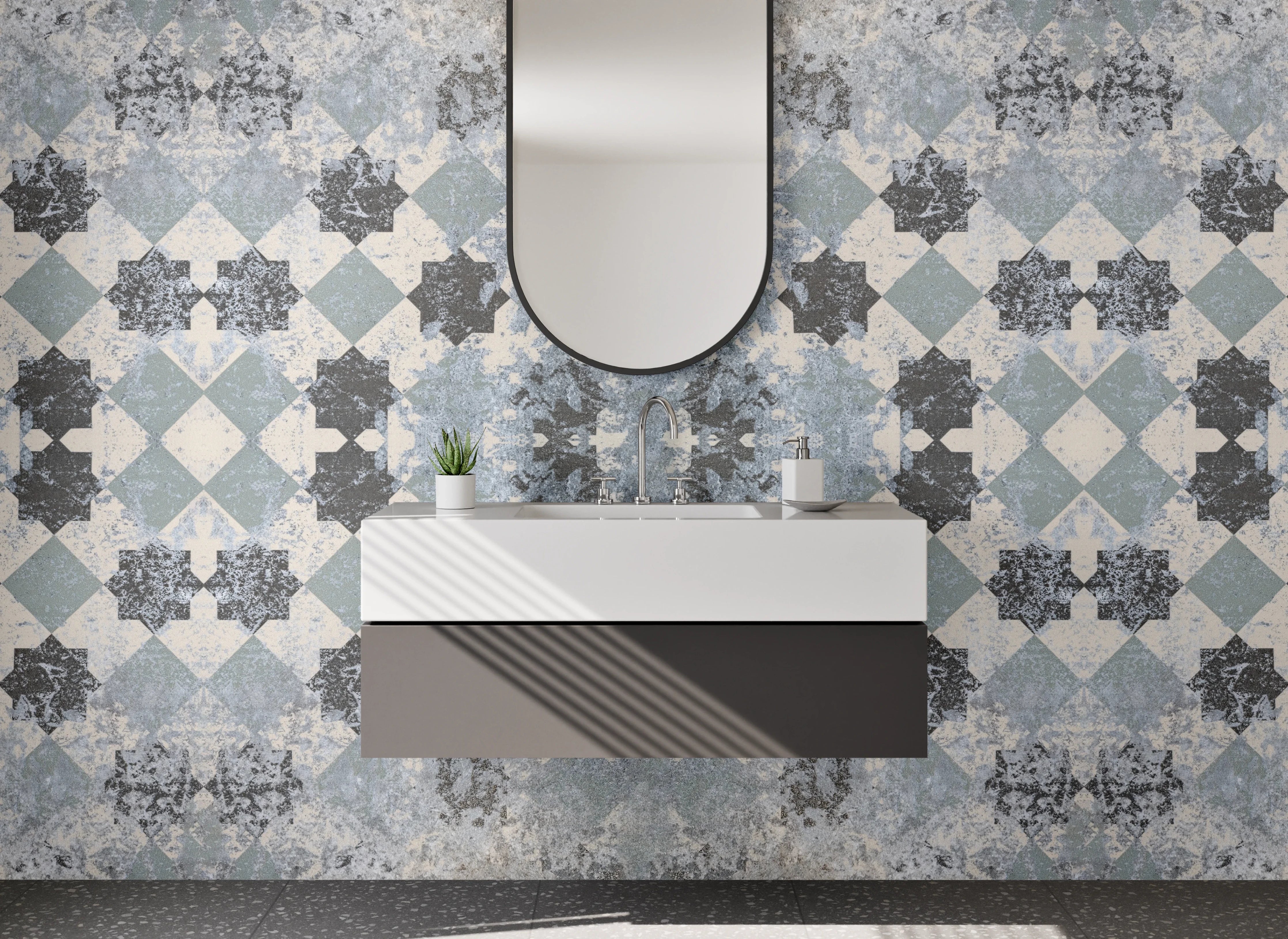 Waschbecken-Rückwand - Modernes Mosaik Muster in Grau Blau Weiß