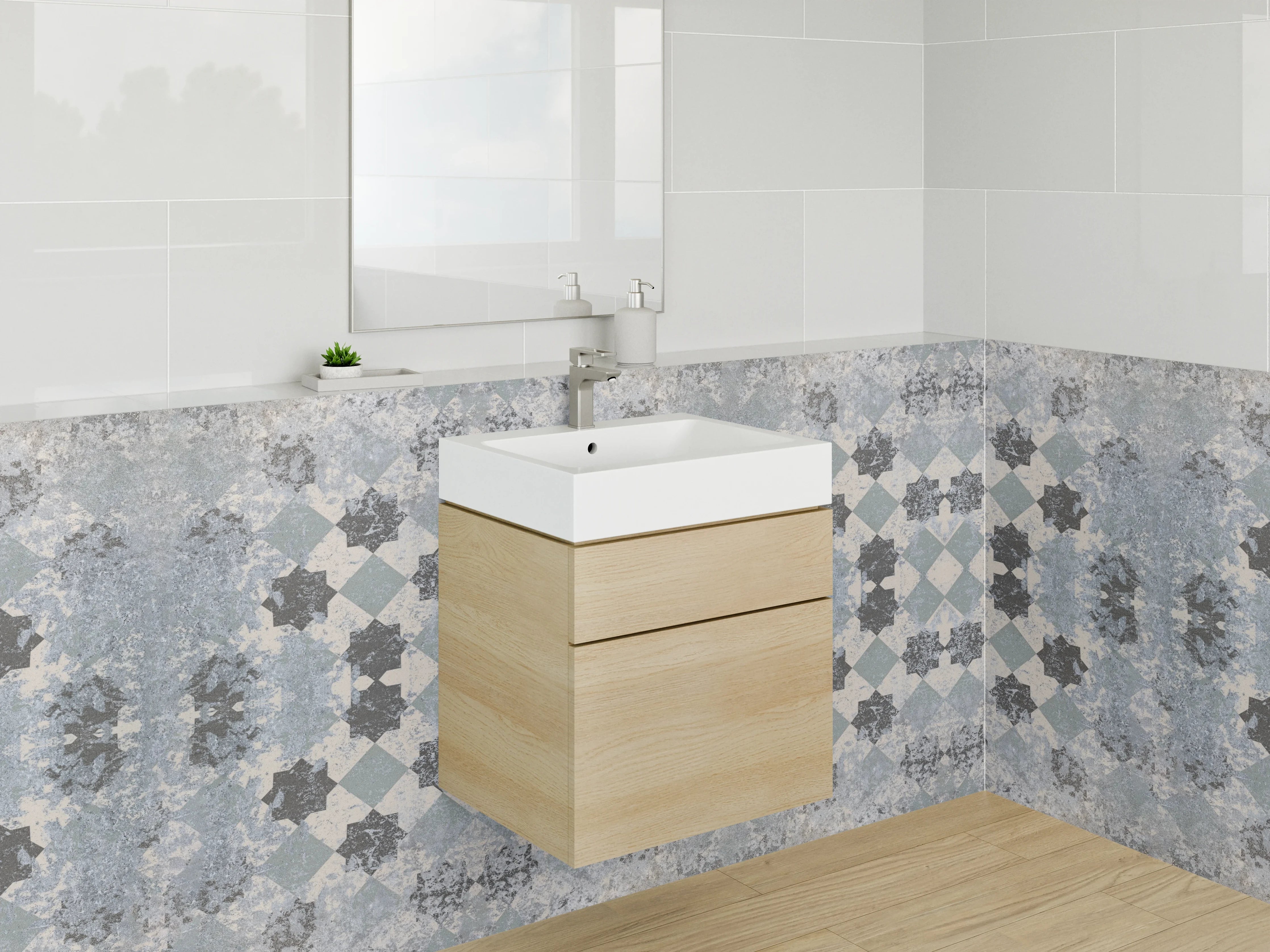 Waschbecken-Rückwand - Modernes Mosaik Muster in Grau Blau Weiß