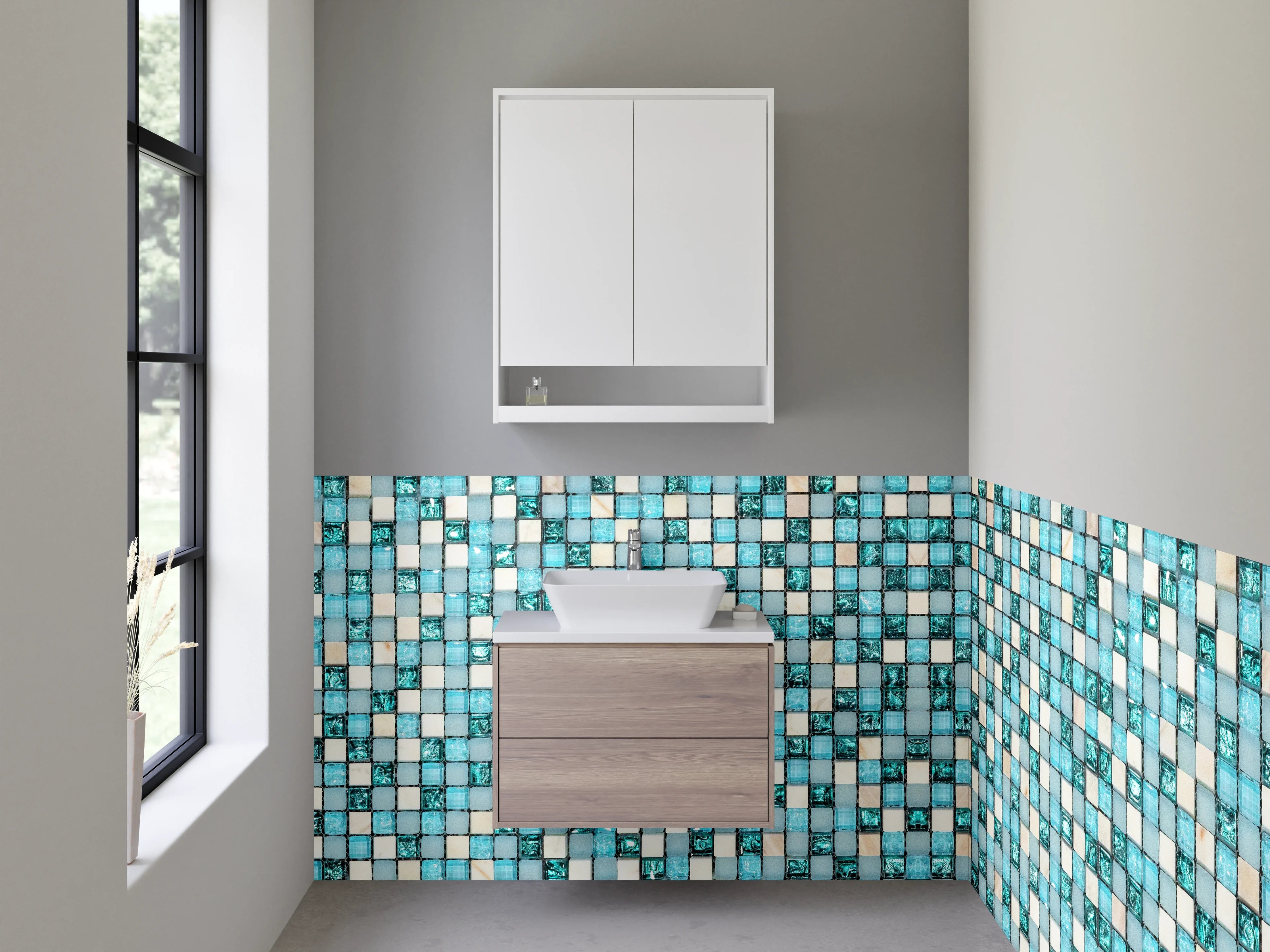 Waschbecken-Rückwand - Modernes Mosaik in Türkis und Weiß