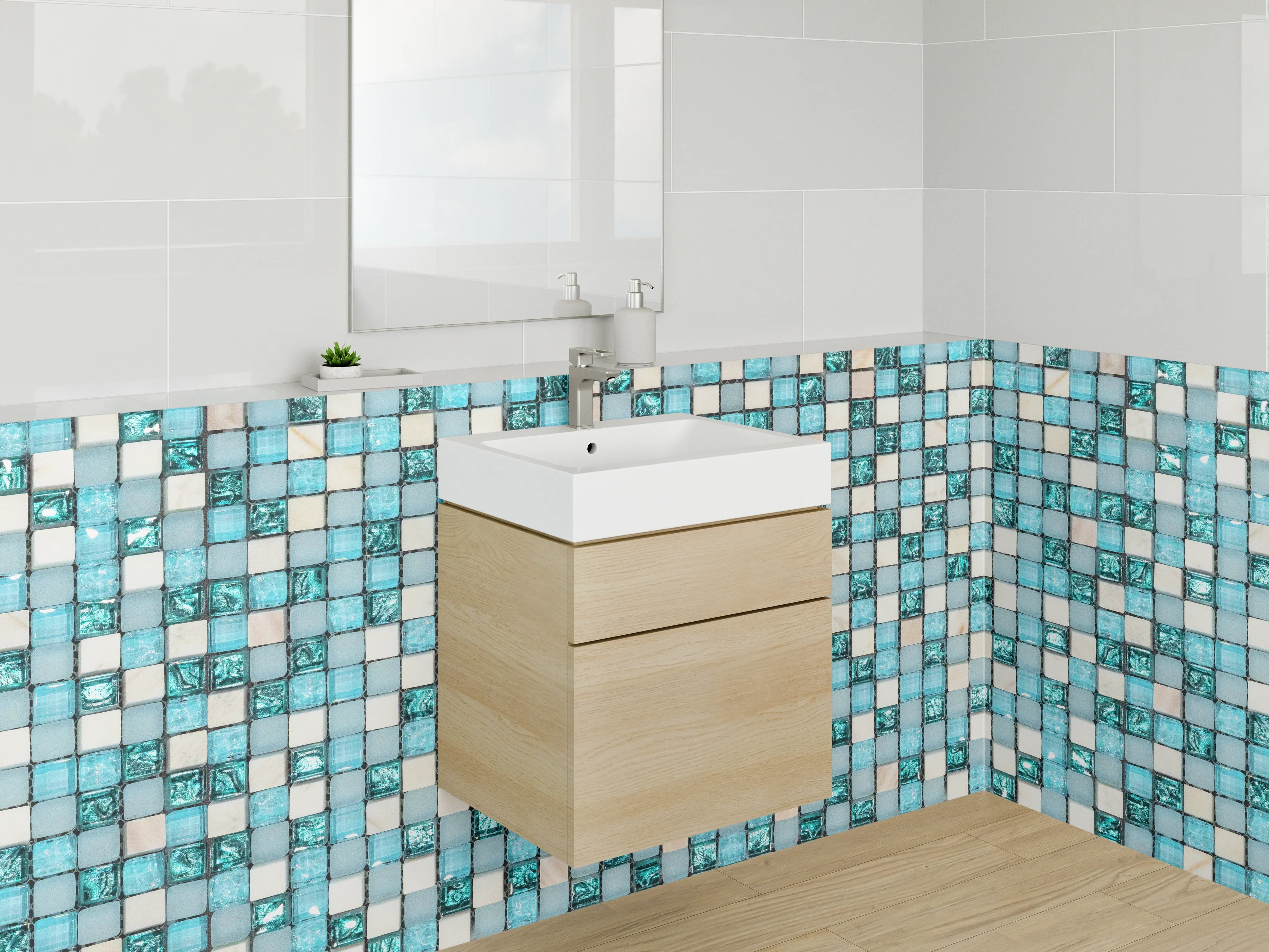 Waschbecken-Rückwand - Modernes Mosaik in Türkis und Weiß
