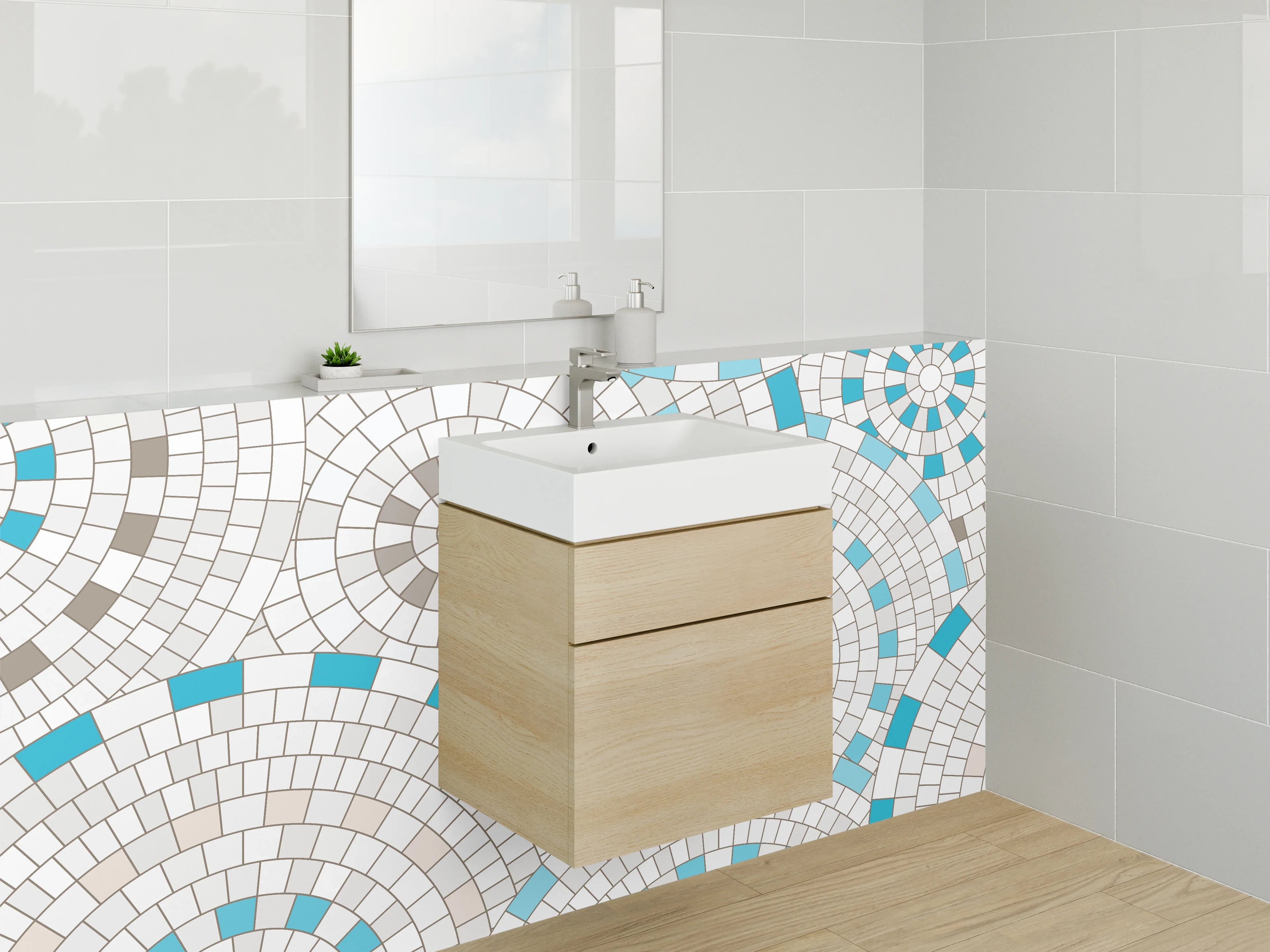 Waschbecken-Rückwand - Modernes Mosaikmuster in Weiß und Türkis