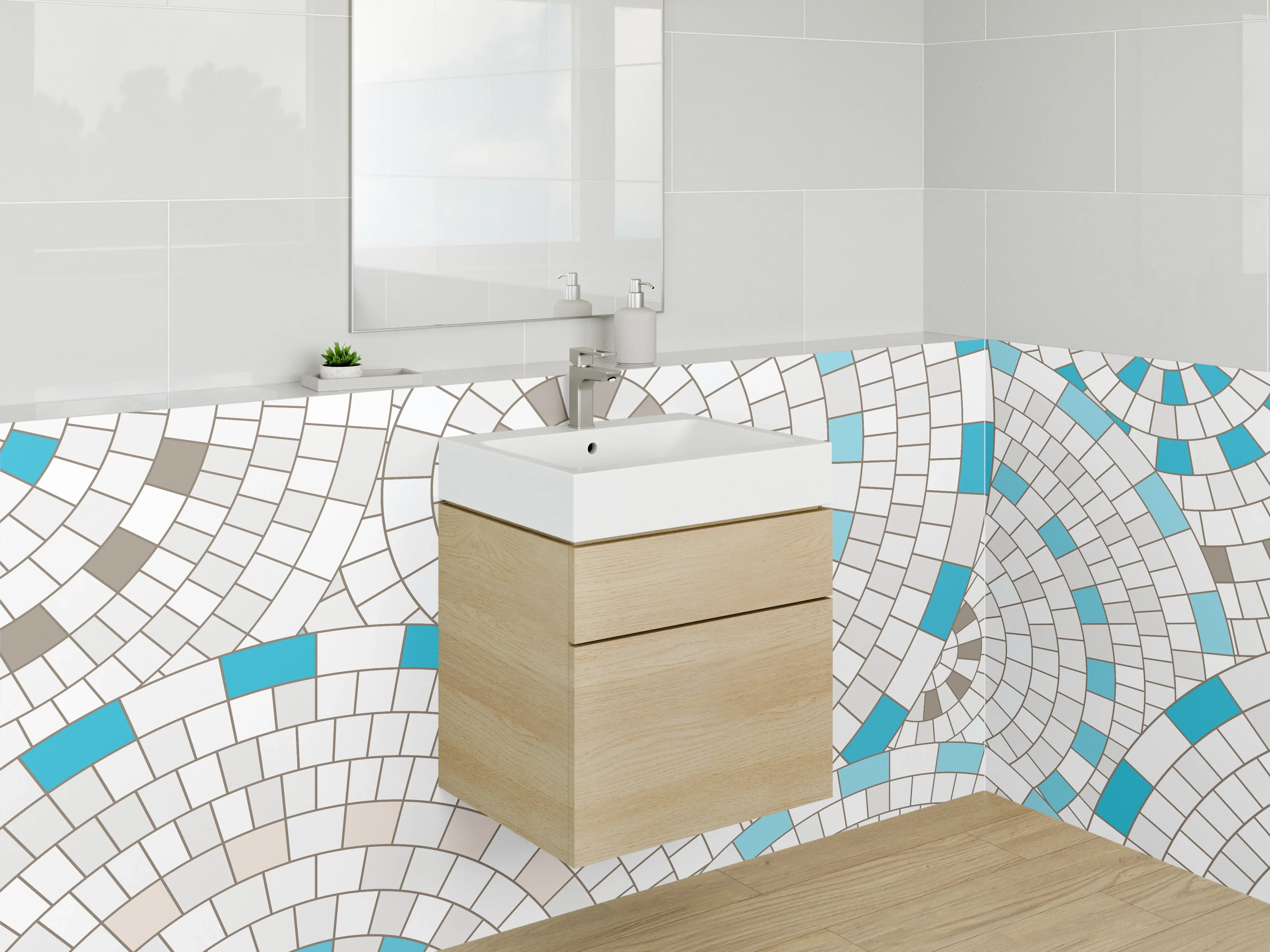 Waschbecken-Rückwand - Modernes Mosaikmuster in Weiß und Türkis
