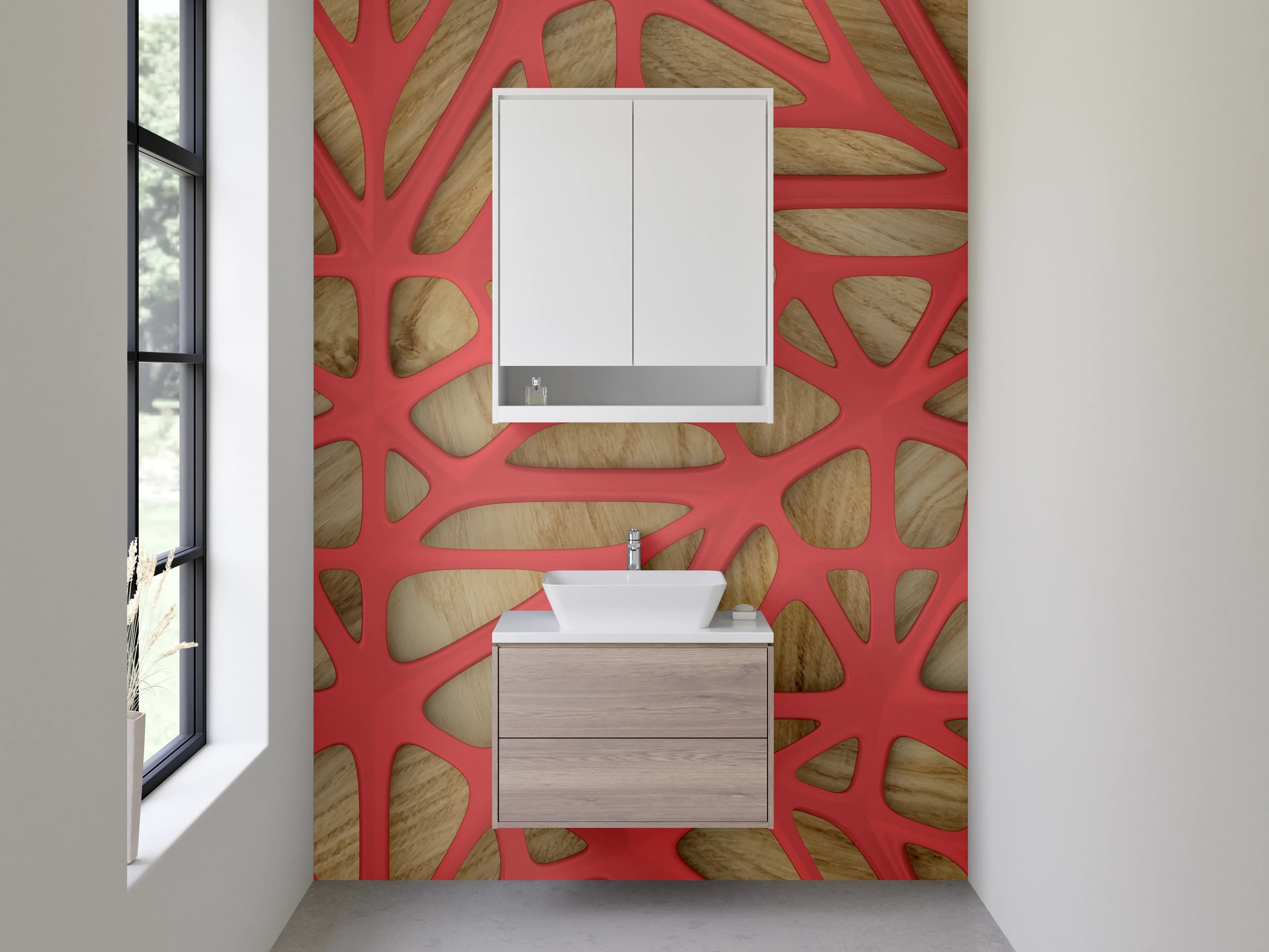 Waschbecken-Rückwand - Modernes Netzwerkmuster Holz Rot