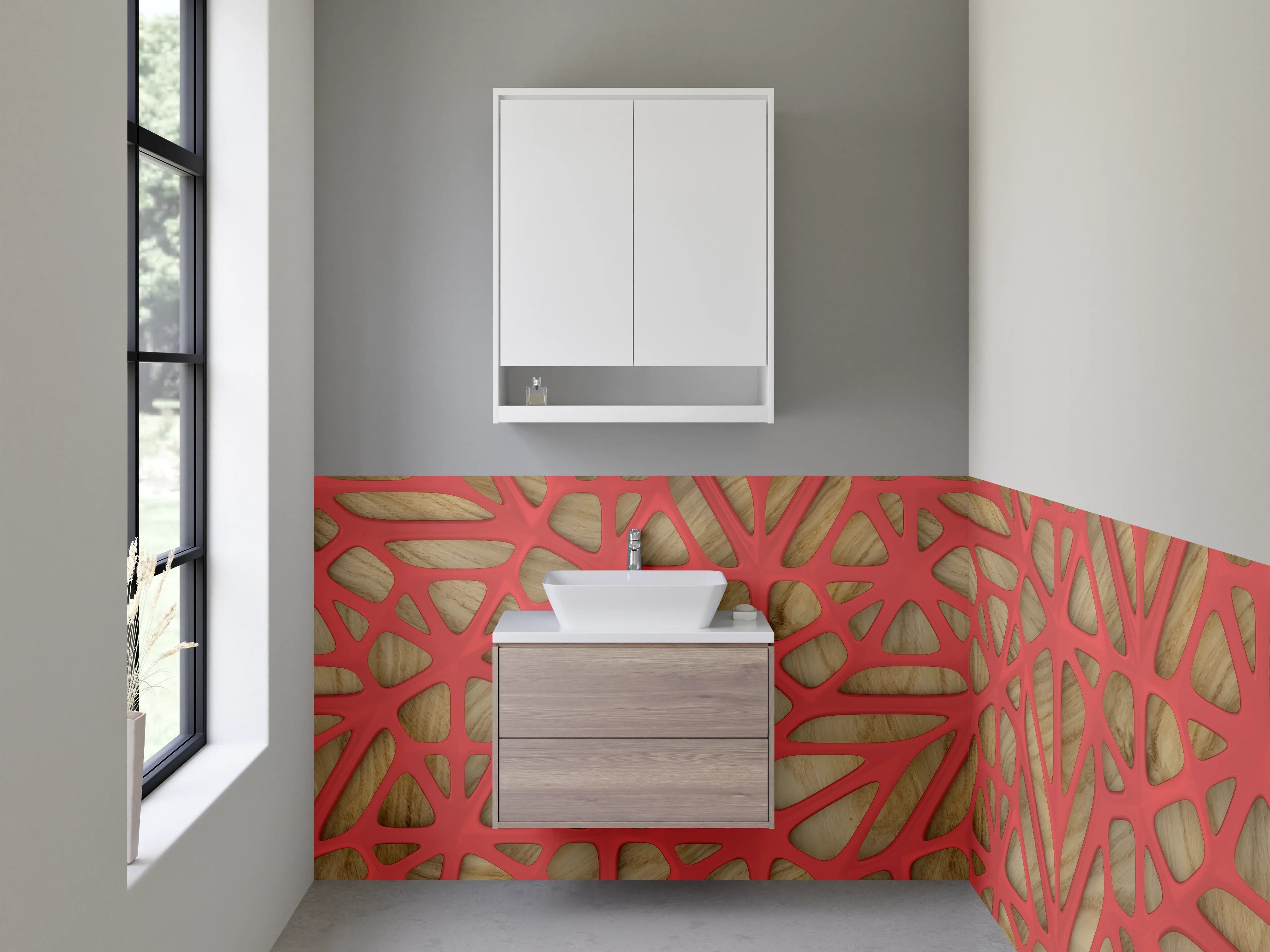 Waschbecken-Rückwand - Modernes Netzwerkmuster Holz Rot