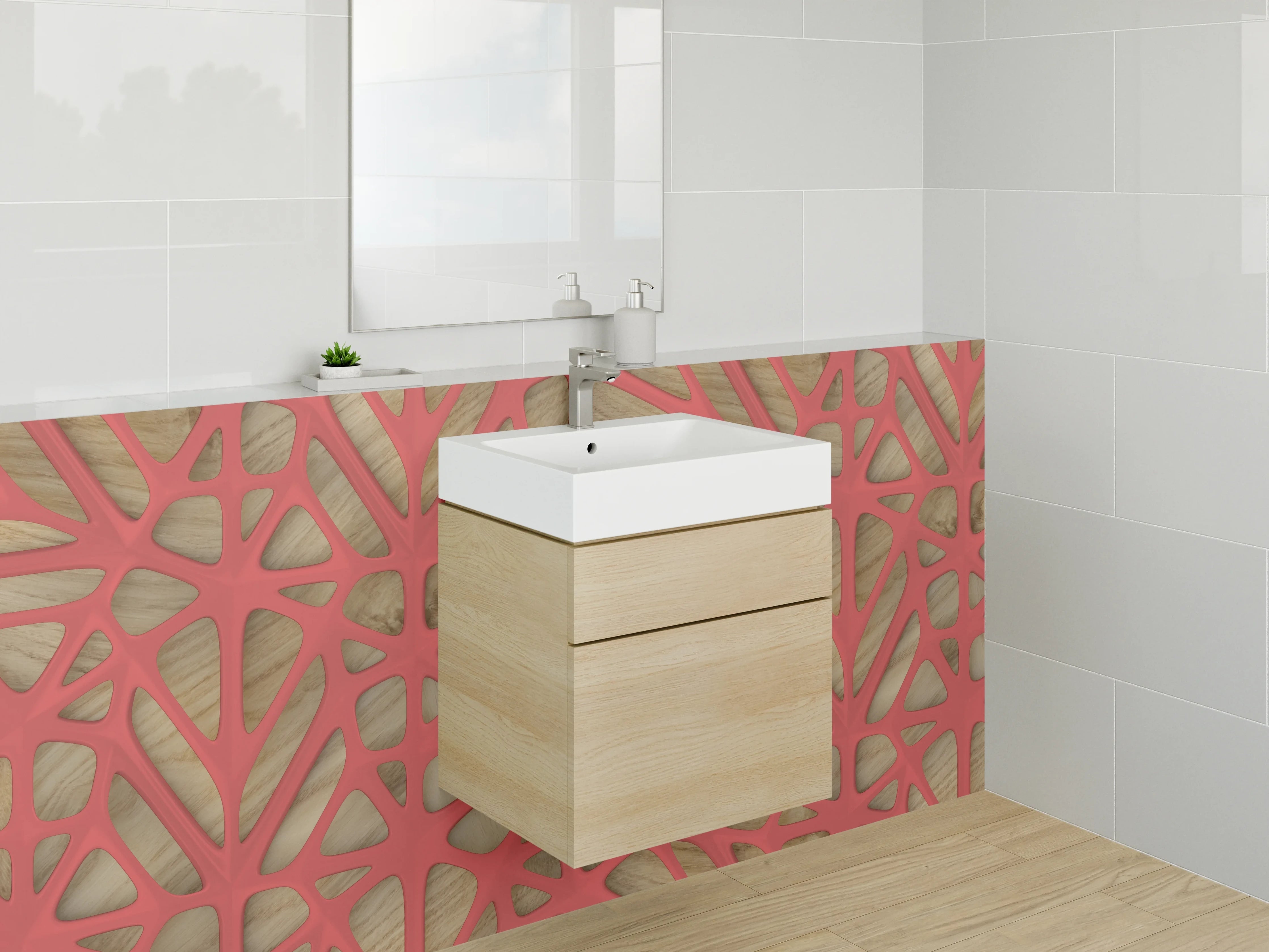 Waschbecken-Rückwand - Modernes Netzwerkmuster Holz Rot