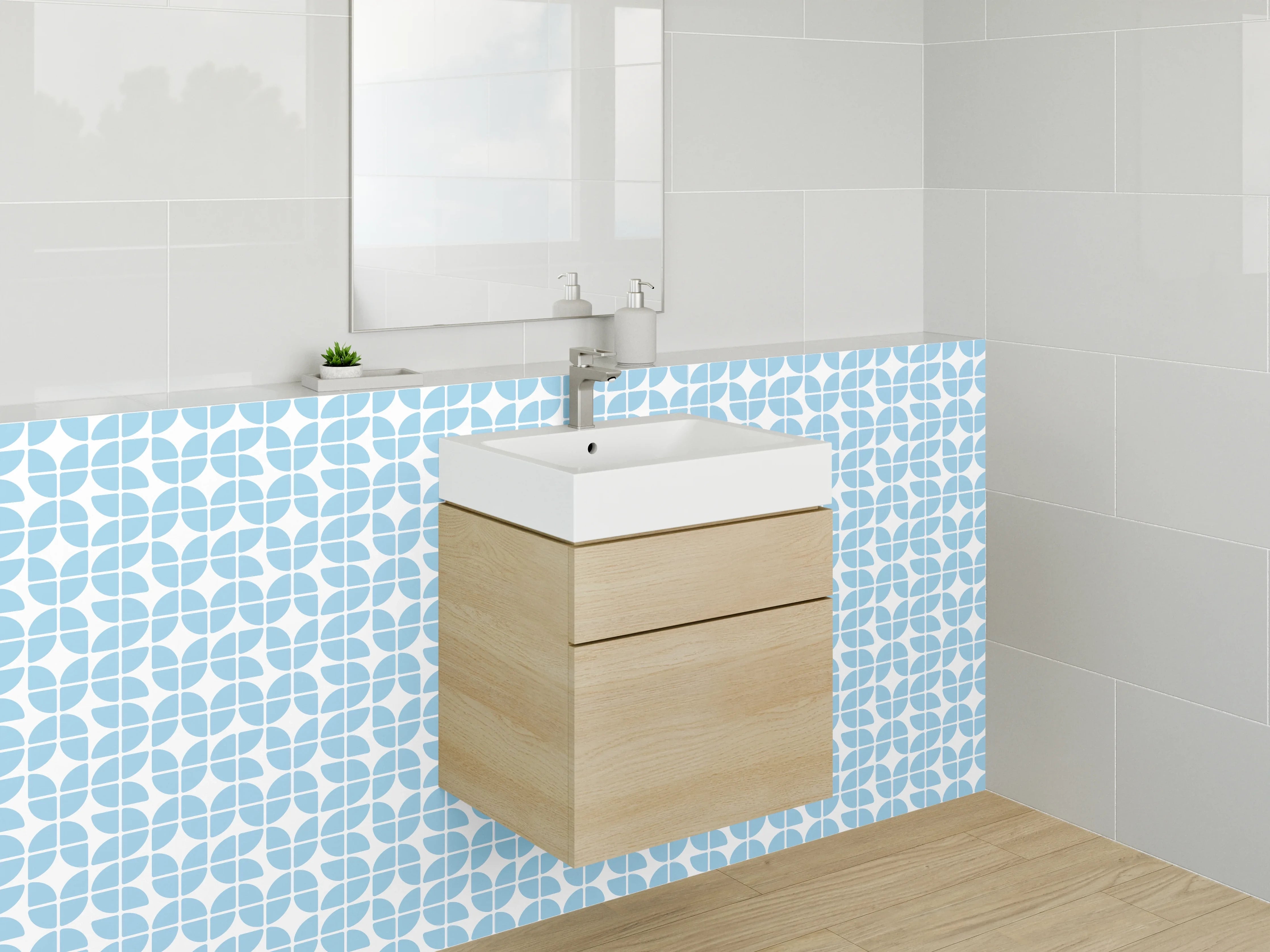 Waschbecken-Rückwand - Modernes Retro Mosaik blau-weiß