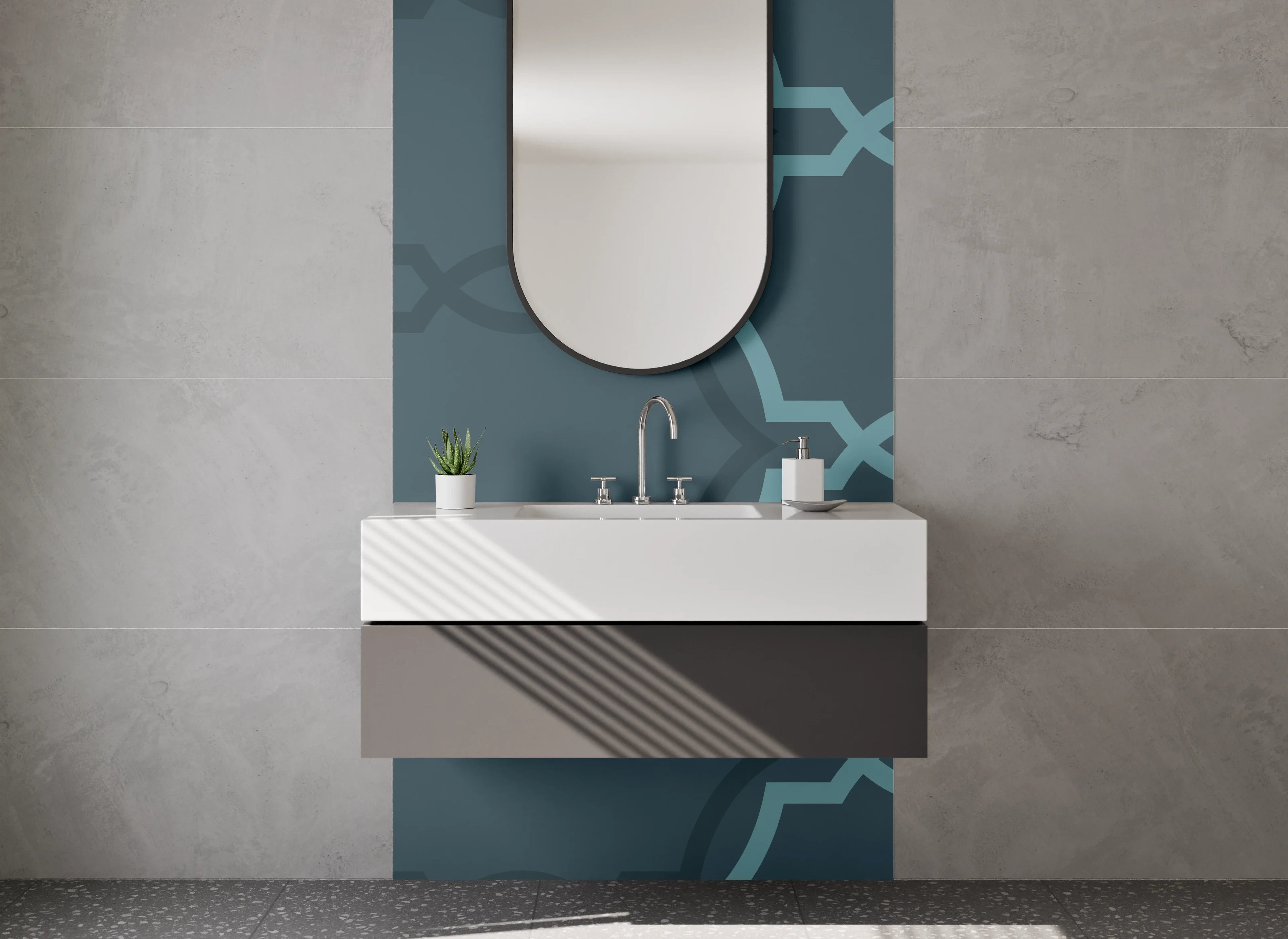 Waschbecken-Rückwand - Modernes Retro-Muster in Blau