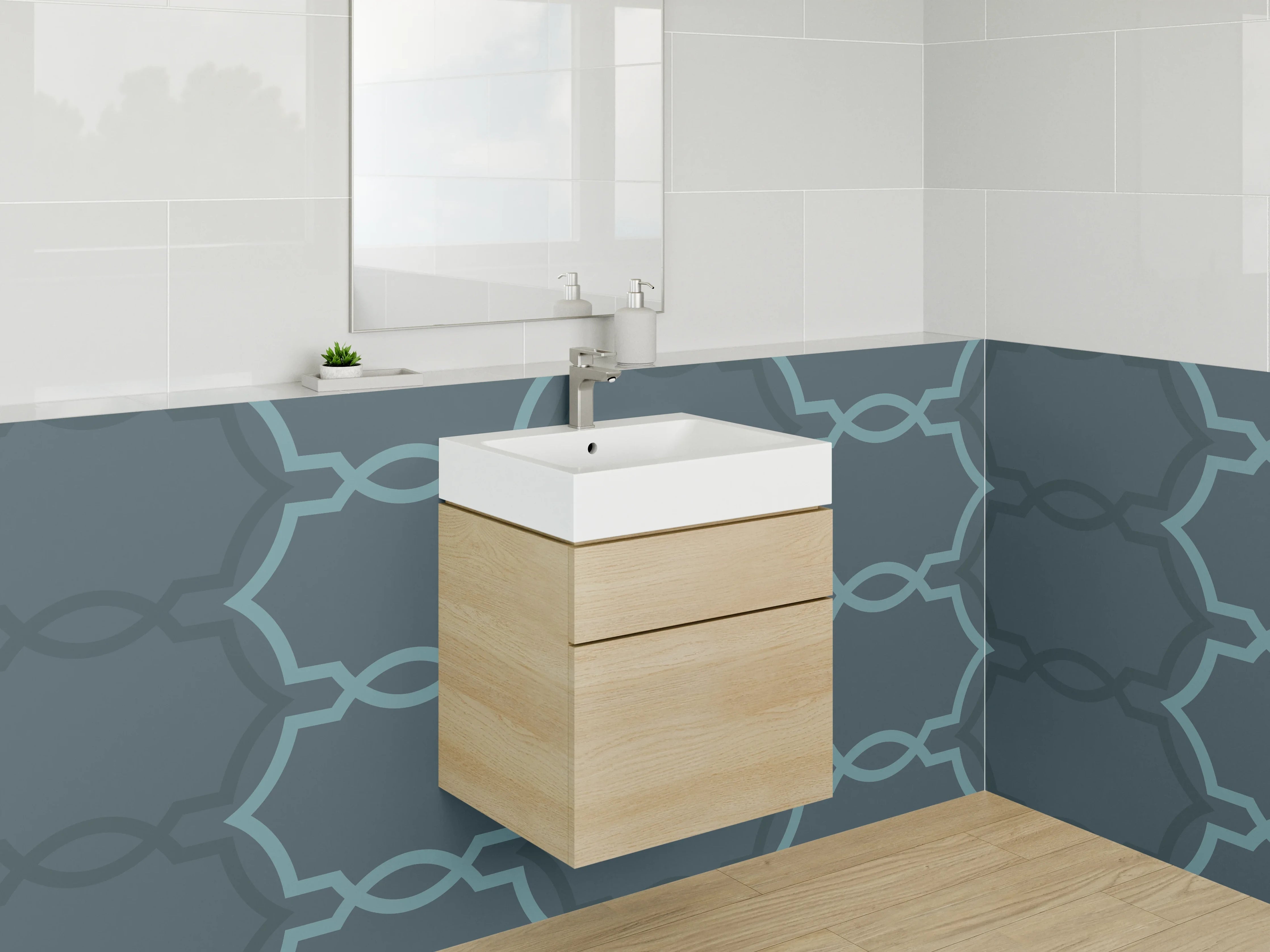 Waschbecken-Rückwand - Modernes Retro-Muster in Blau