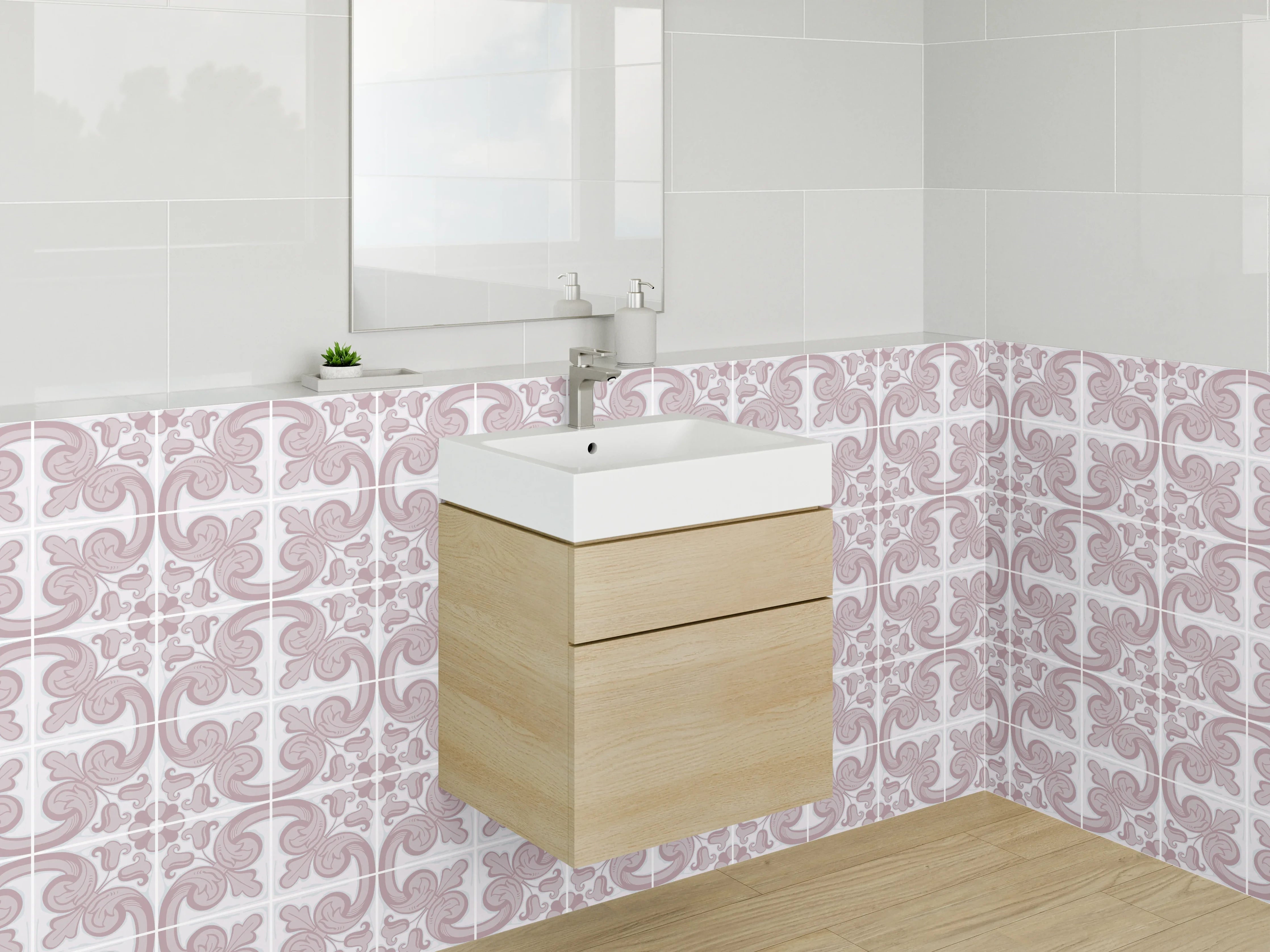 Waschbecken-Rückwand - Modernes Retro-Ornament Muster Rosa Grau