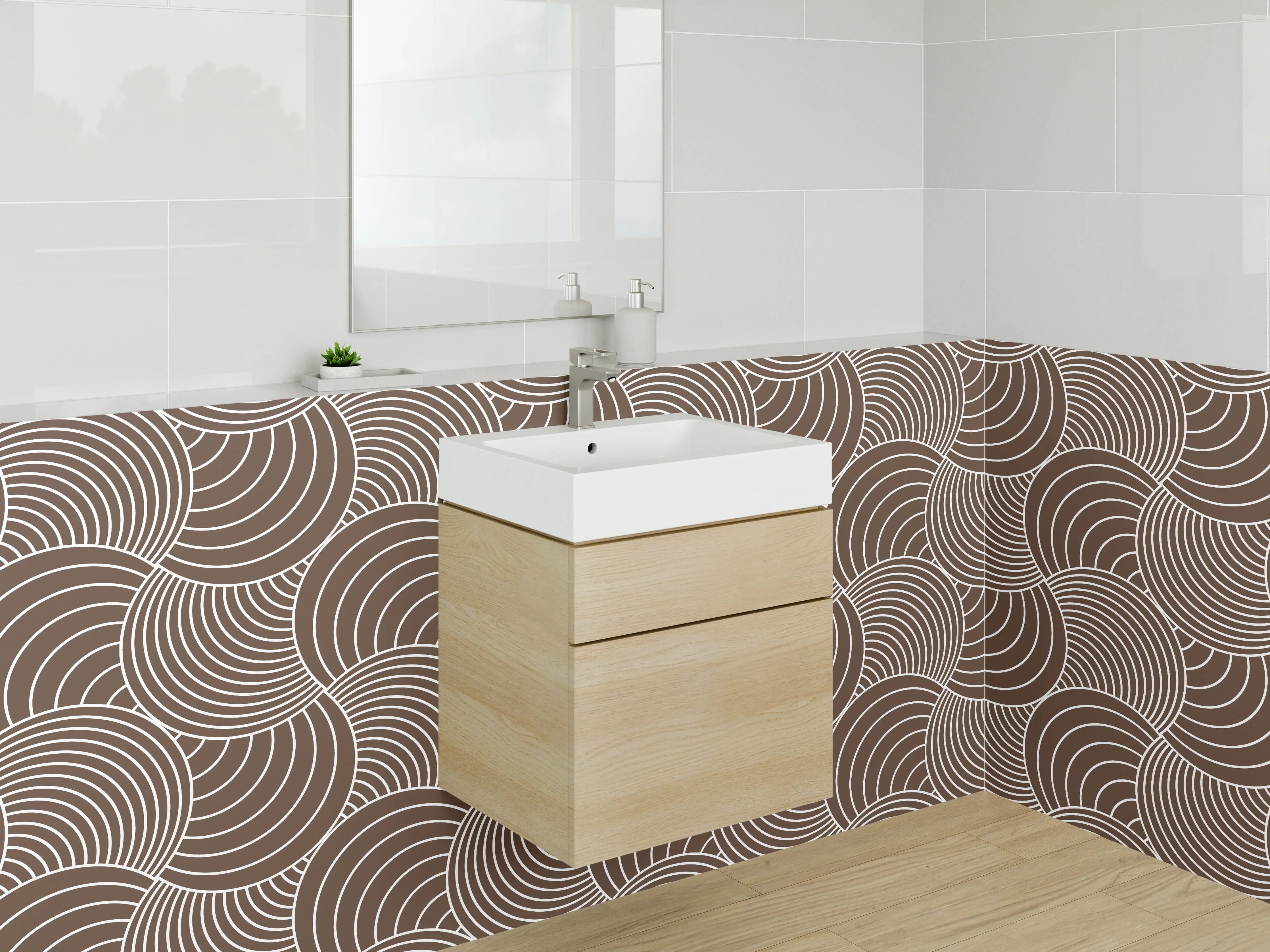 Waschbecken-Rückwand - Modernes Retro-Wellenmuster Braun Beige