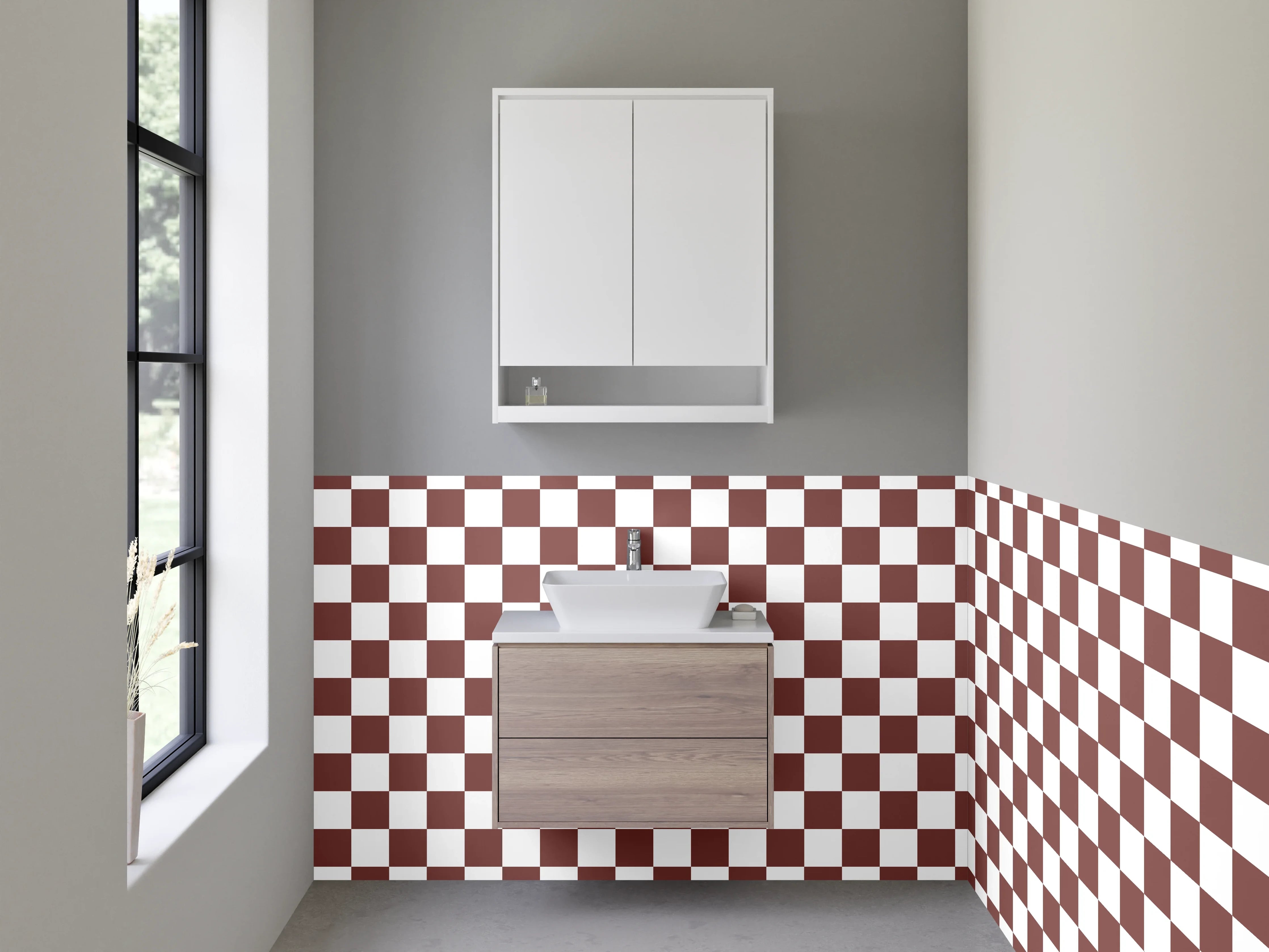 Waschbecken-Rückwand - Modernes Schachbrett in Braun-Grau-Tönen