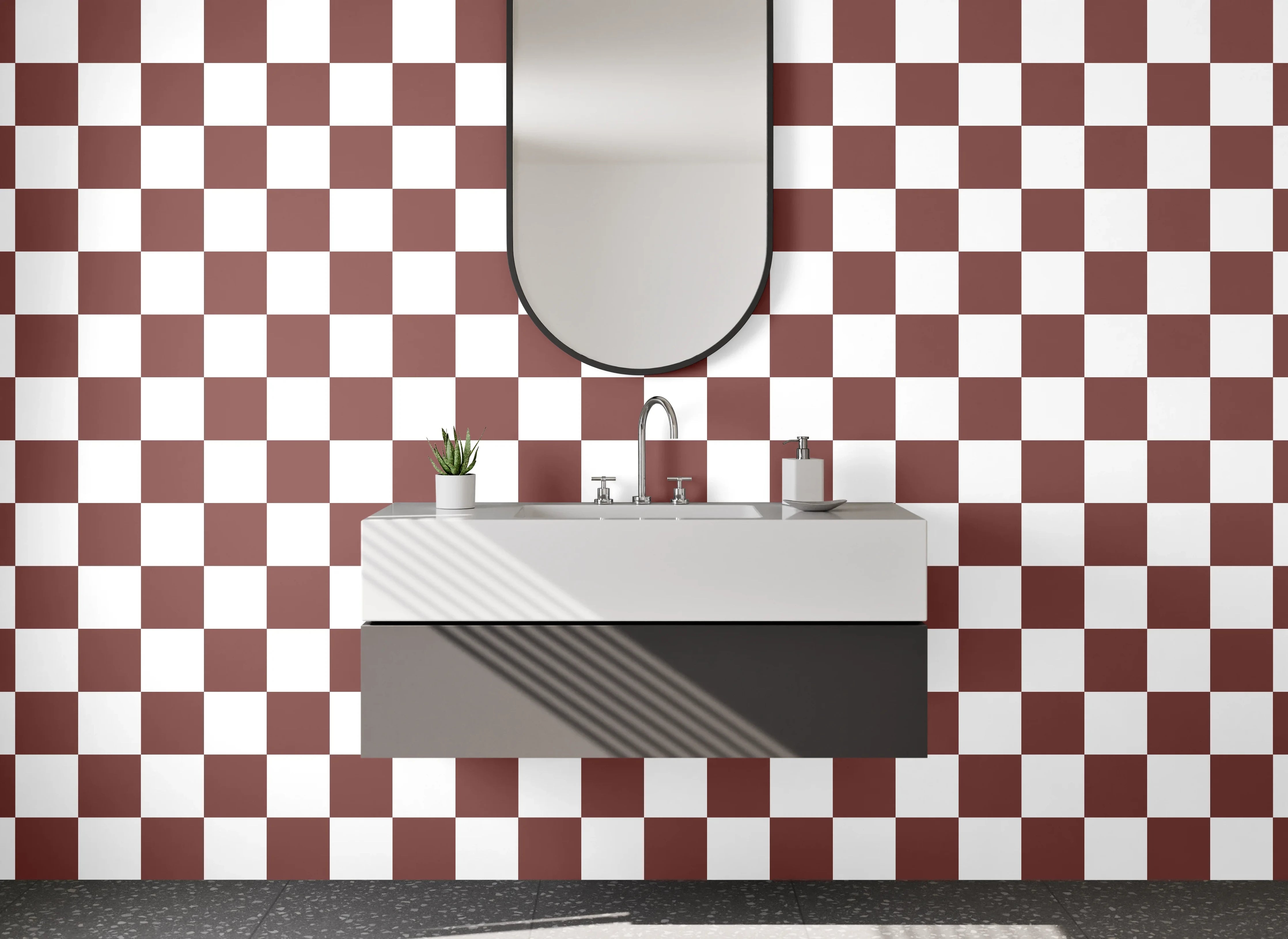 Waschbecken-Rückwand - Modernes Schachbrett in Braun-Grau-Tönen