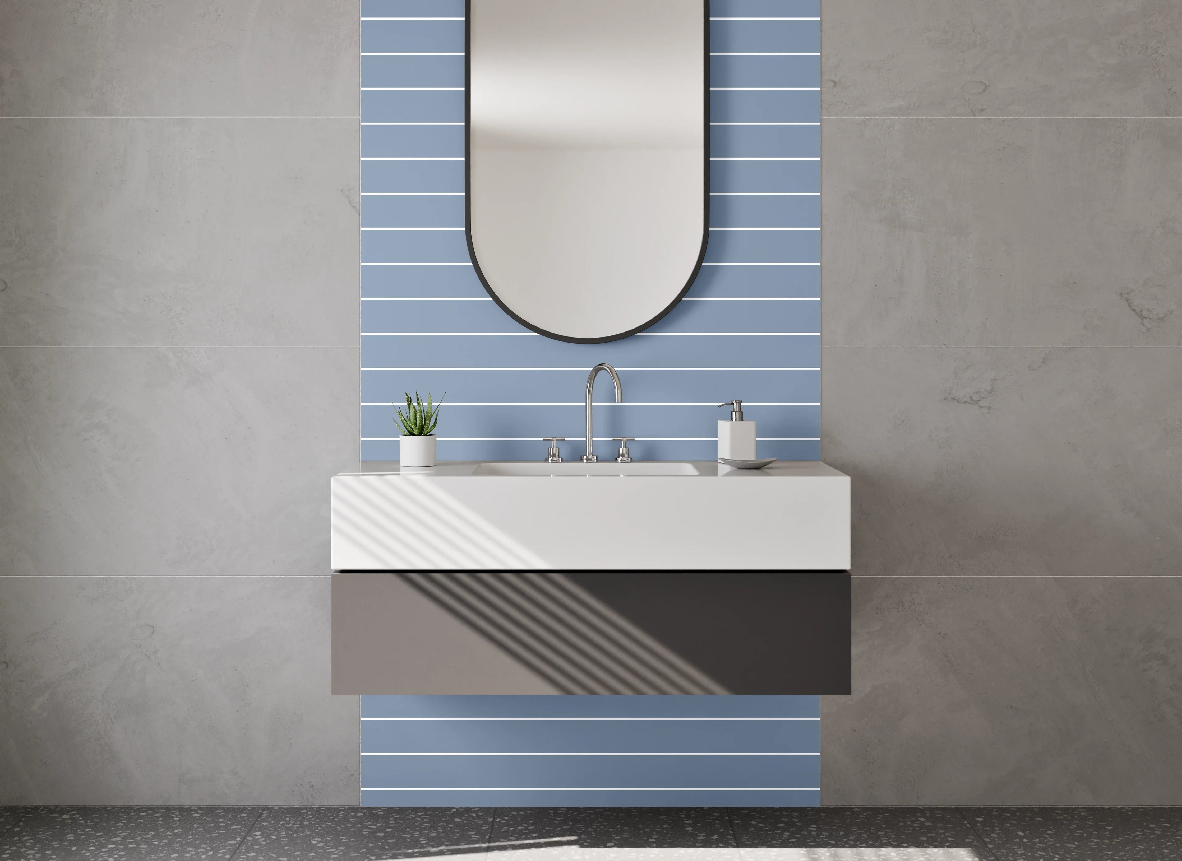 Waschbecken-Rückwand - Modernes Streifenmuster in Grau-Blau