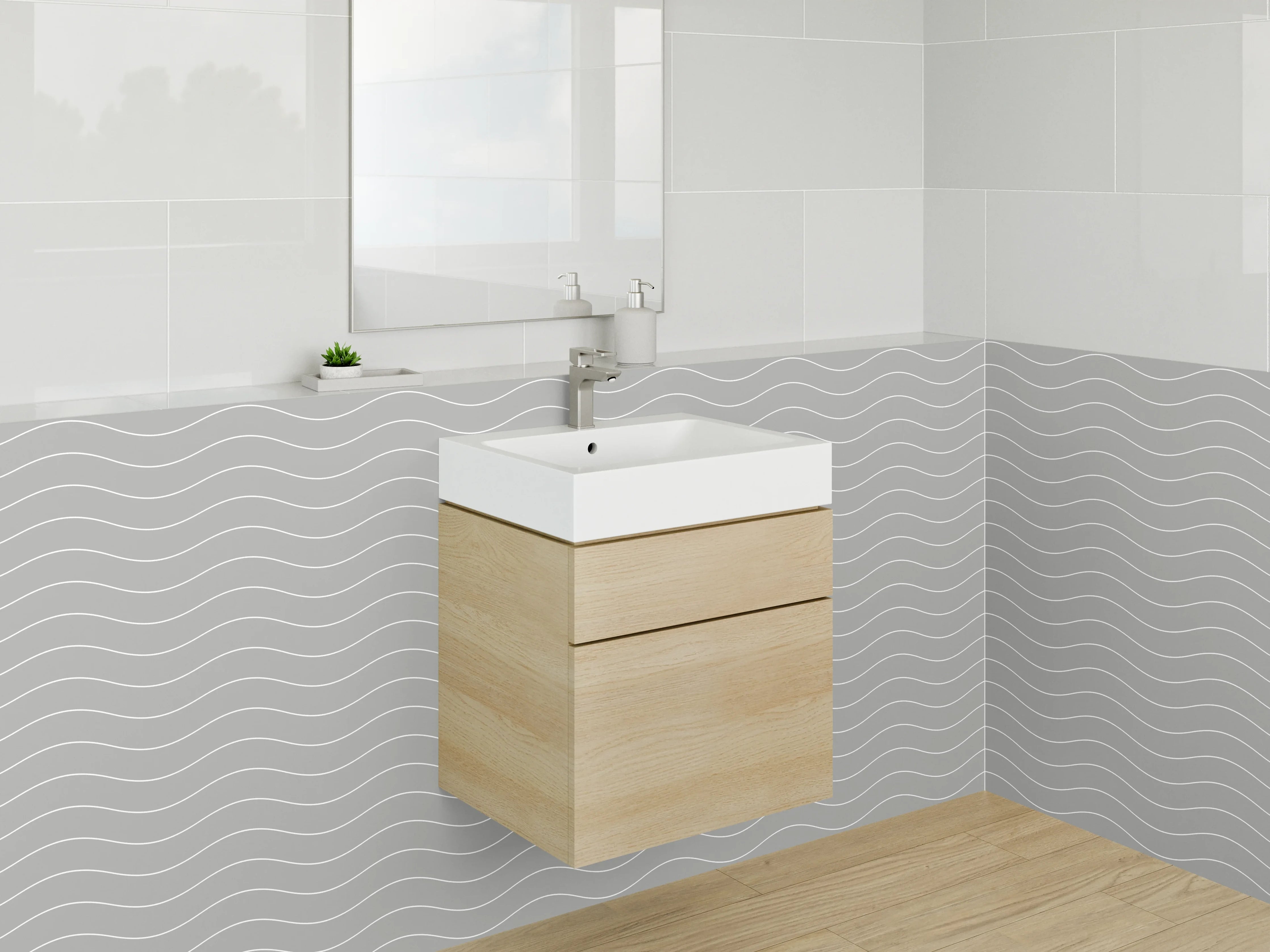 Waschbecken-Rückwand - Modernes Wellenmuster Grau-Weiß