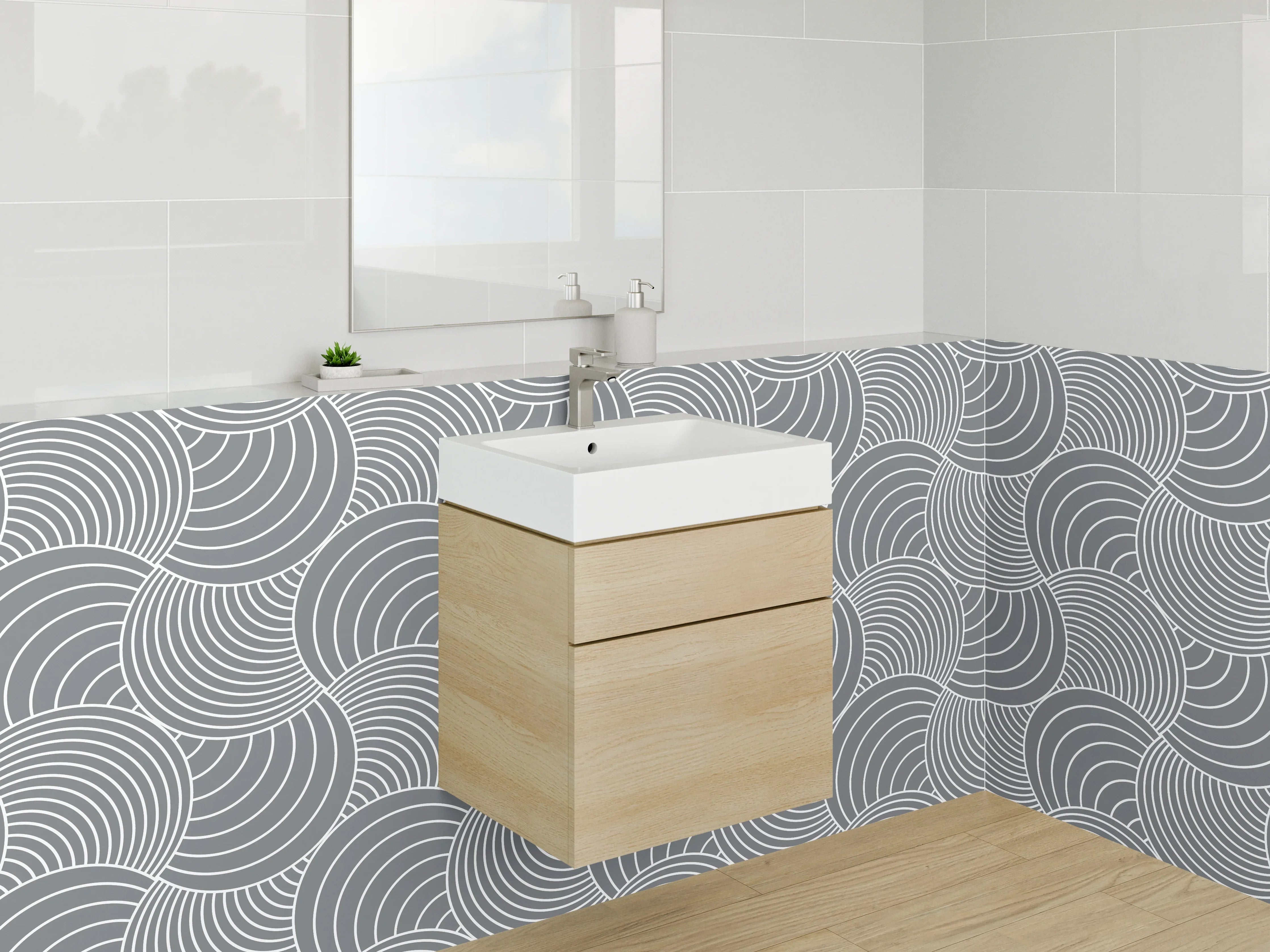 Waschbecken-Rückwand - Modernes Wellenmuster in Grau und Weiß