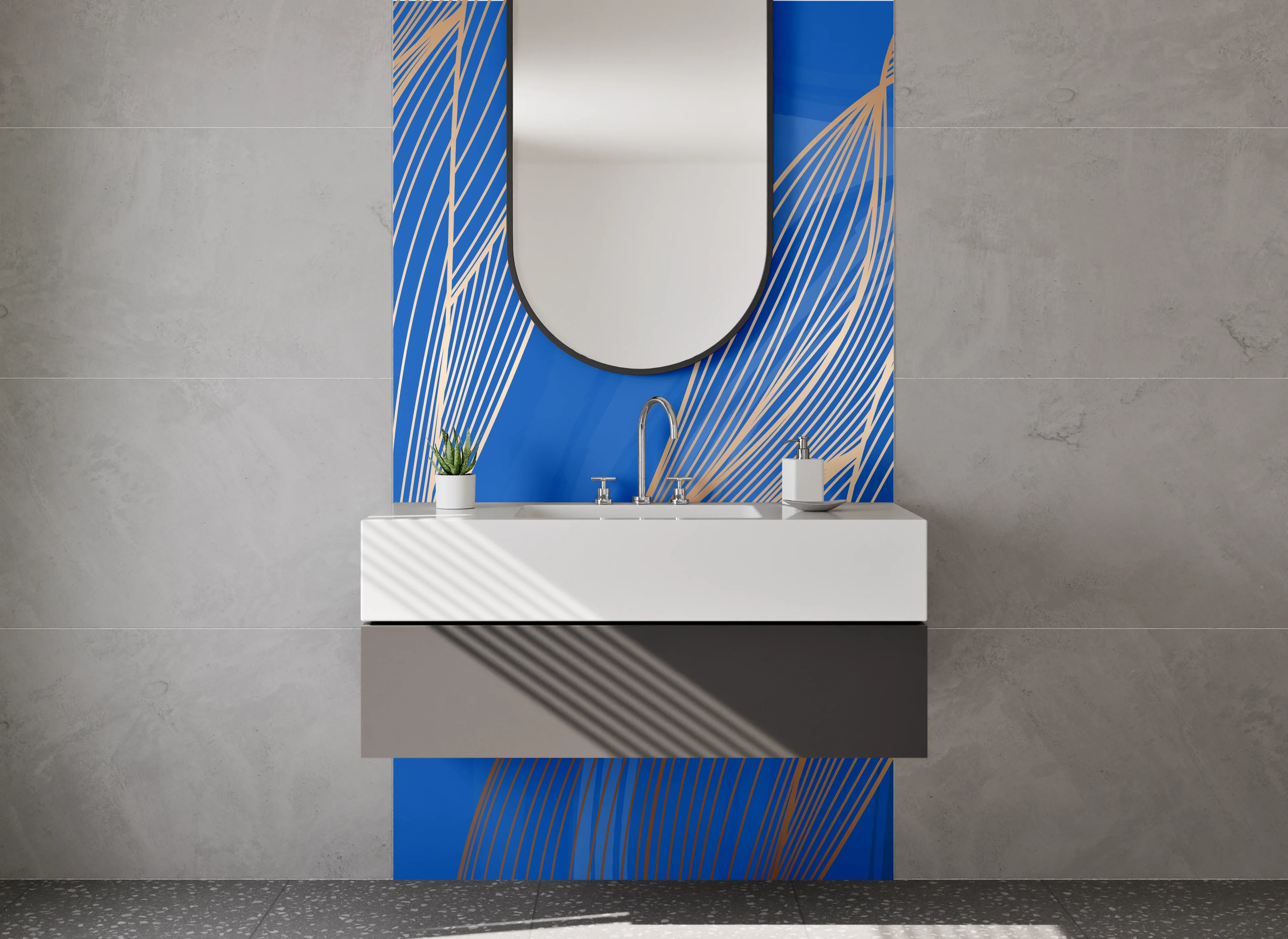 Waschbecken-Rückwand - Modernes abstraktes Blau-Gold-Motiv