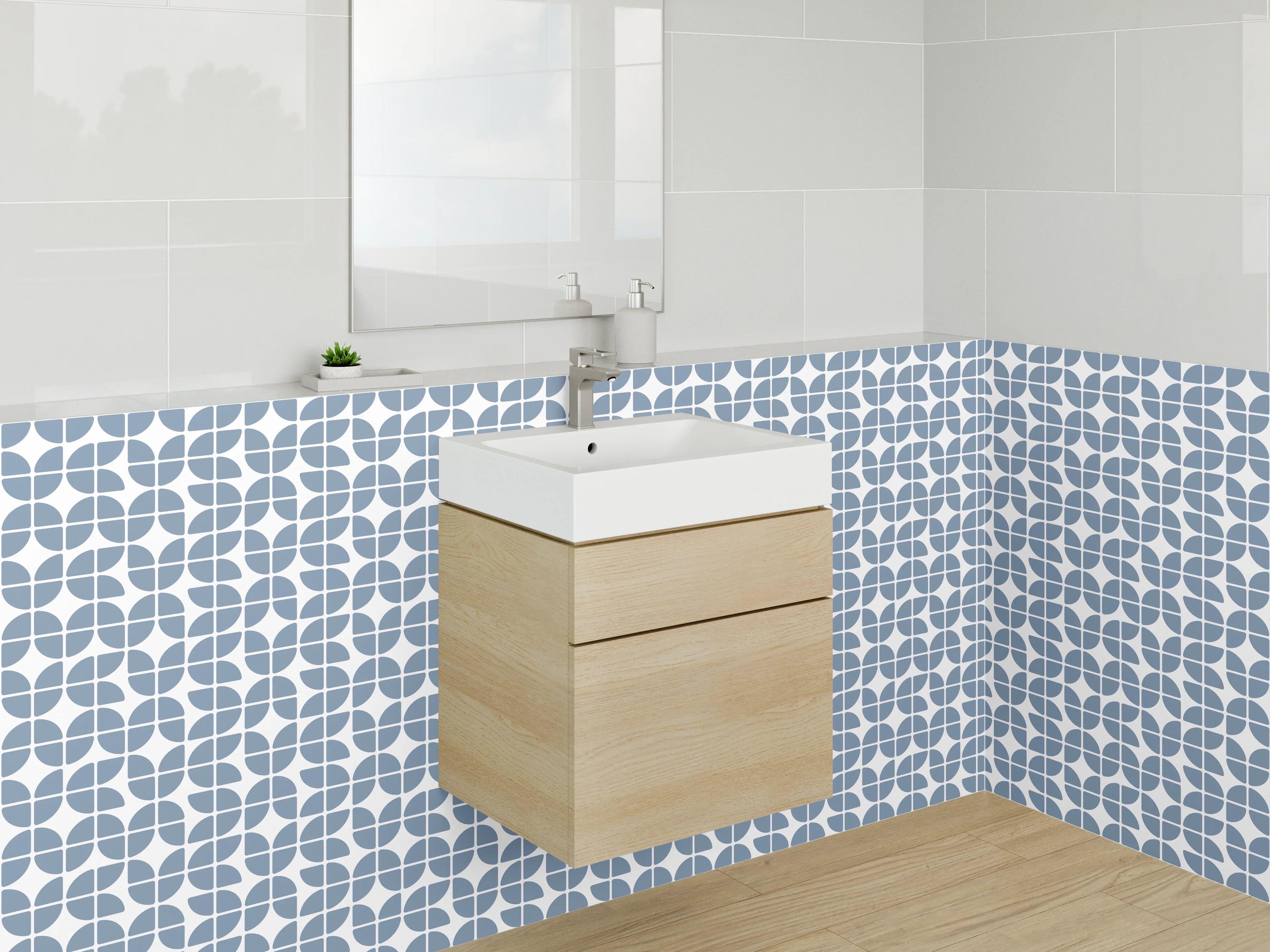 Waschbecken-Rückwand - Modernes blau-weißes Fliesenmuster
