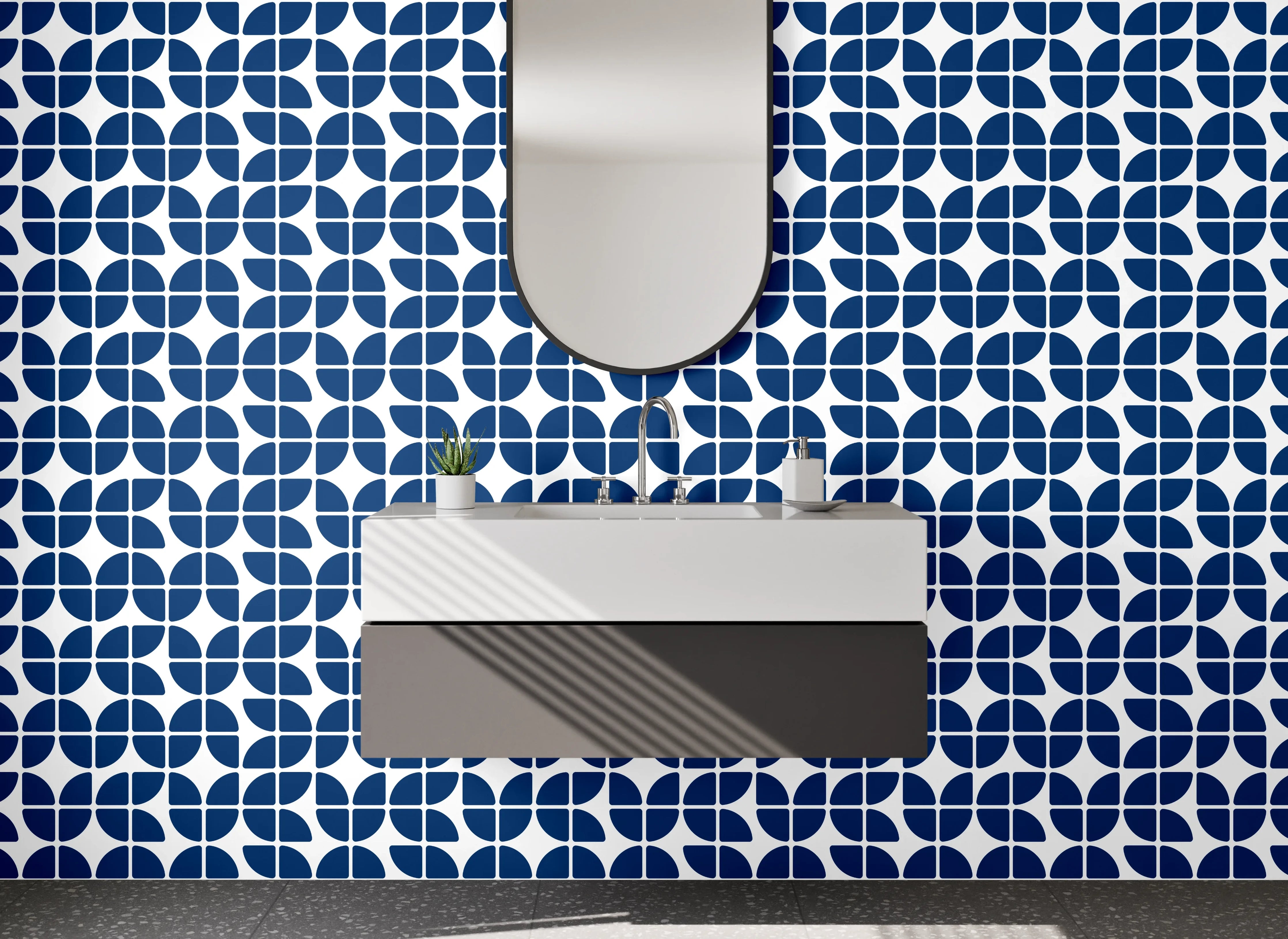 Waschbecken-Rückwand - Modernes blau-weißes Retro-Muster