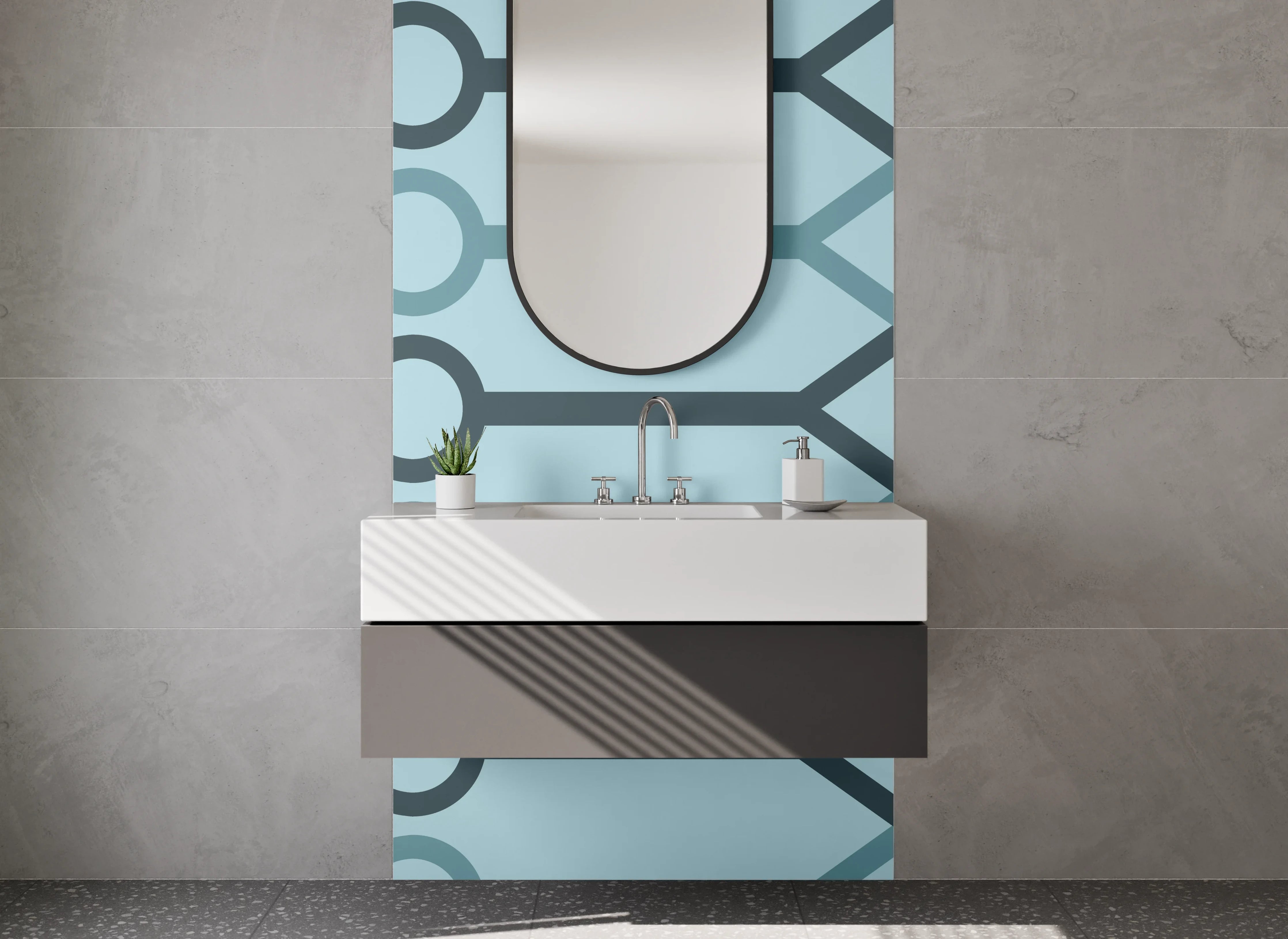 Waschbecken-Rückwand - Modernes geometrisches Linienmuster Blau
