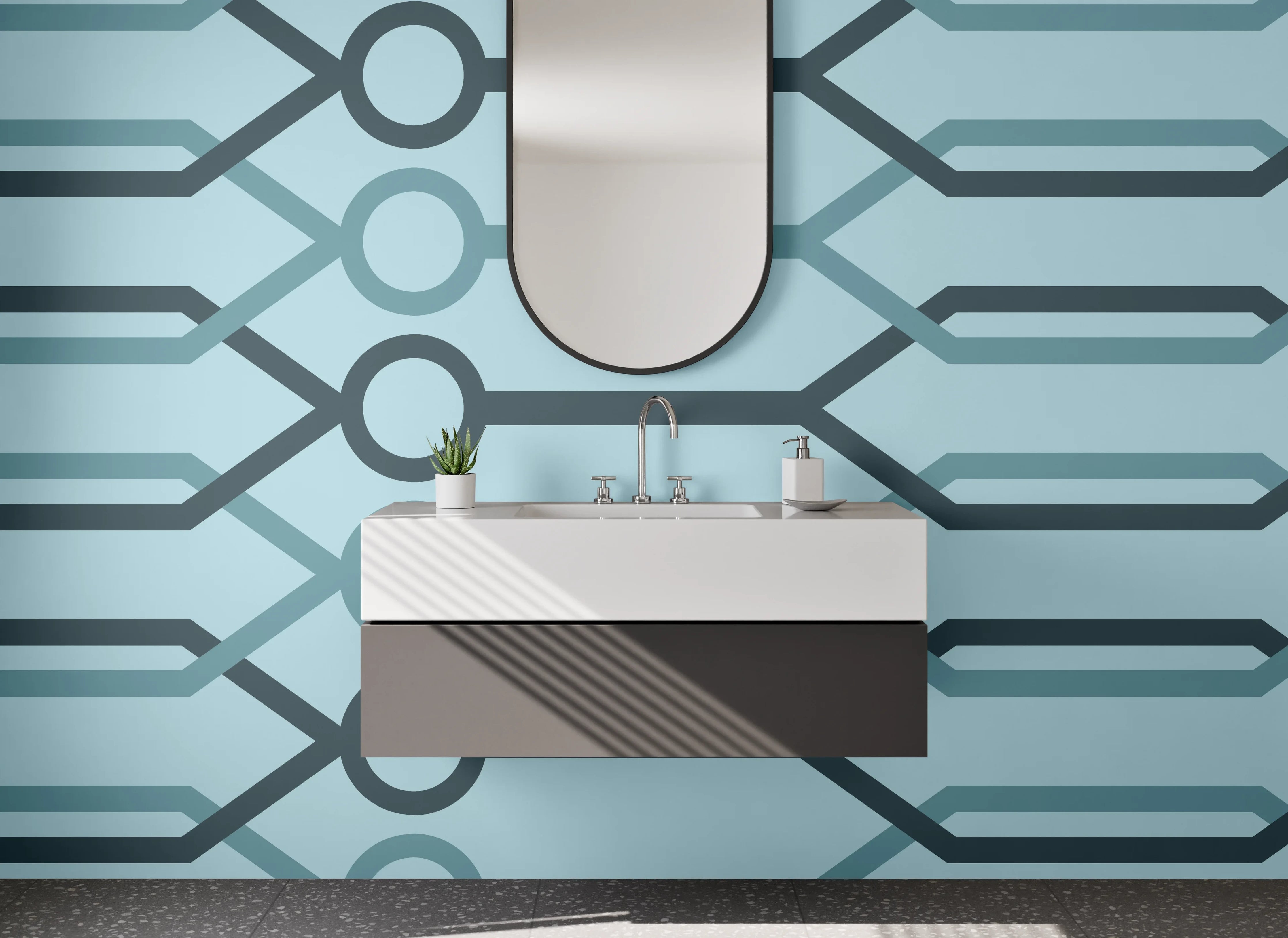 Waschbecken-Rückwand - Modernes geometrisches Linienmuster Blau