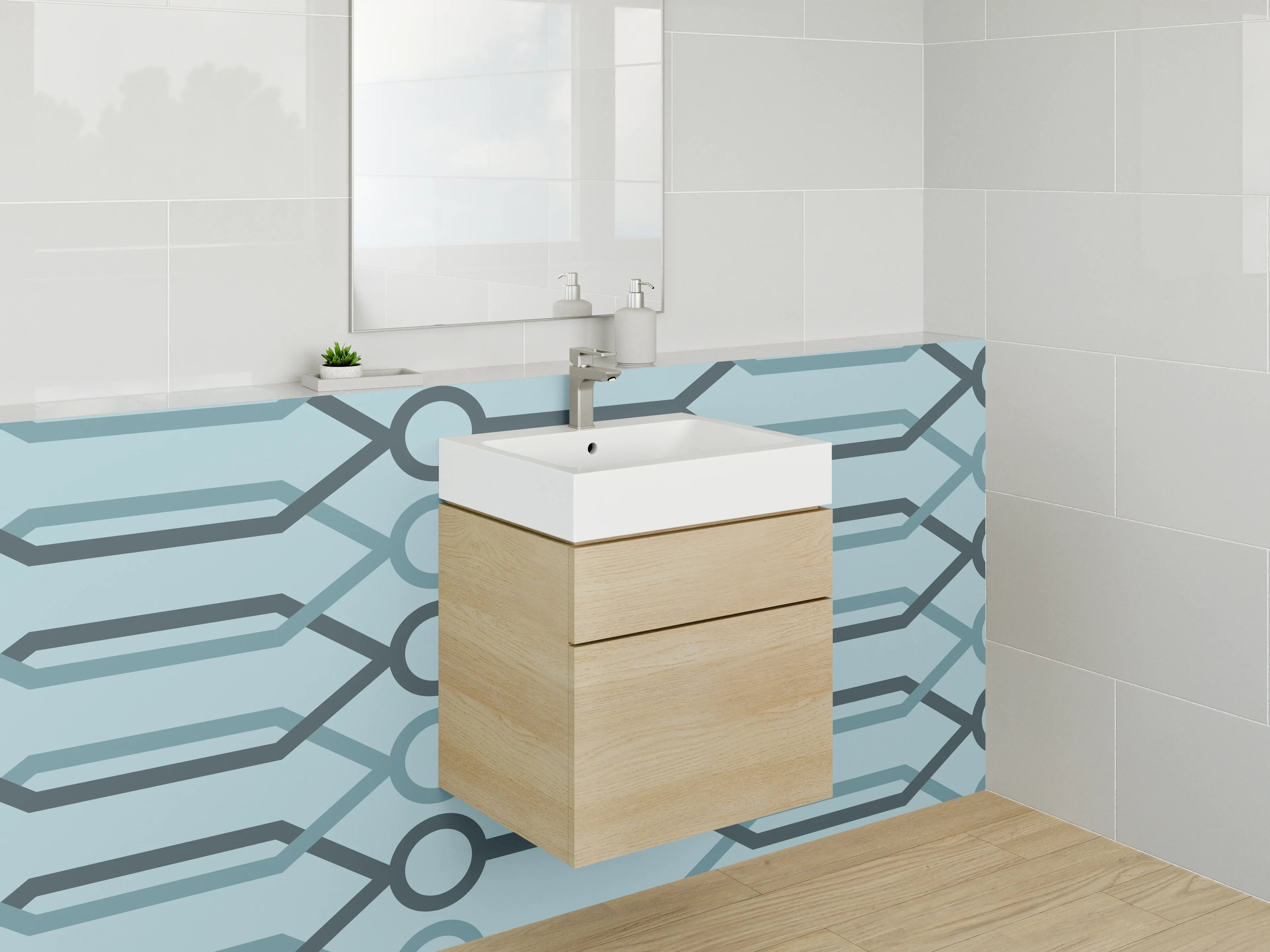 Waschbecken-Rückwand - Modernes geometrisches Linienmuster Blau