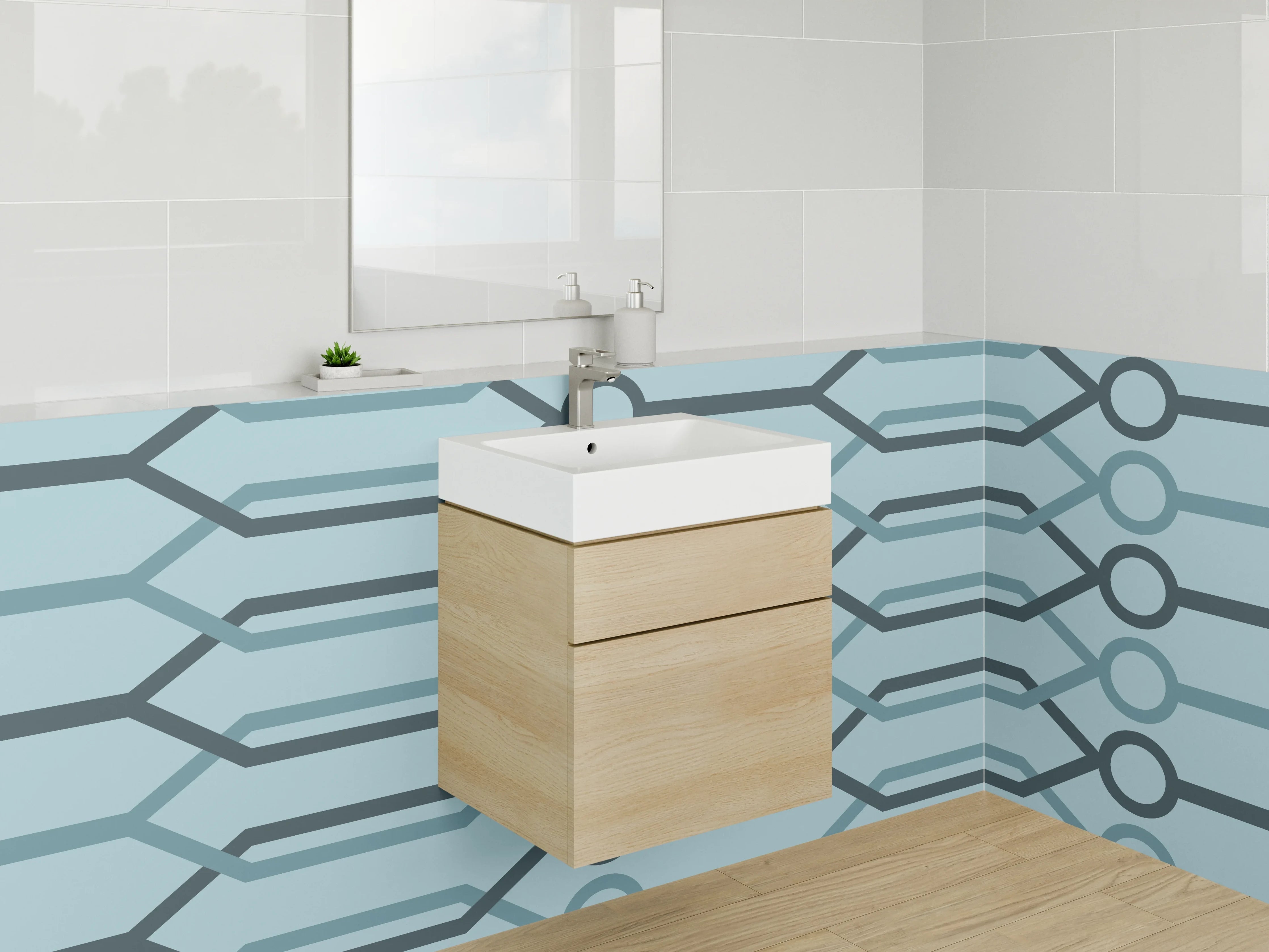 Waschbecken-Rückwand - Modernes geometrisches Linienmuster Blau
