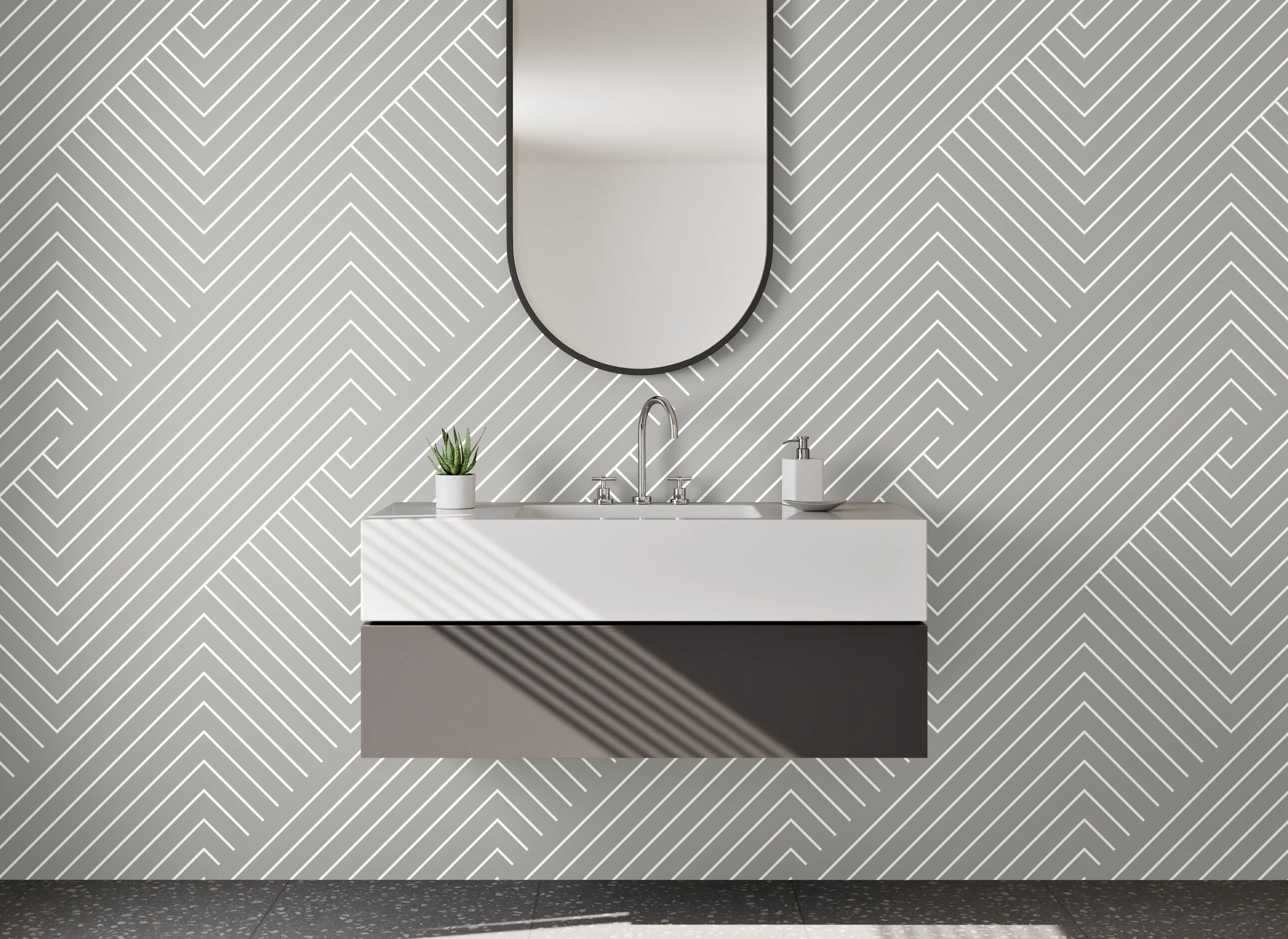 Waschbecken-Rückwand - Modernes geometrisches Linienmuster Weiß Grau