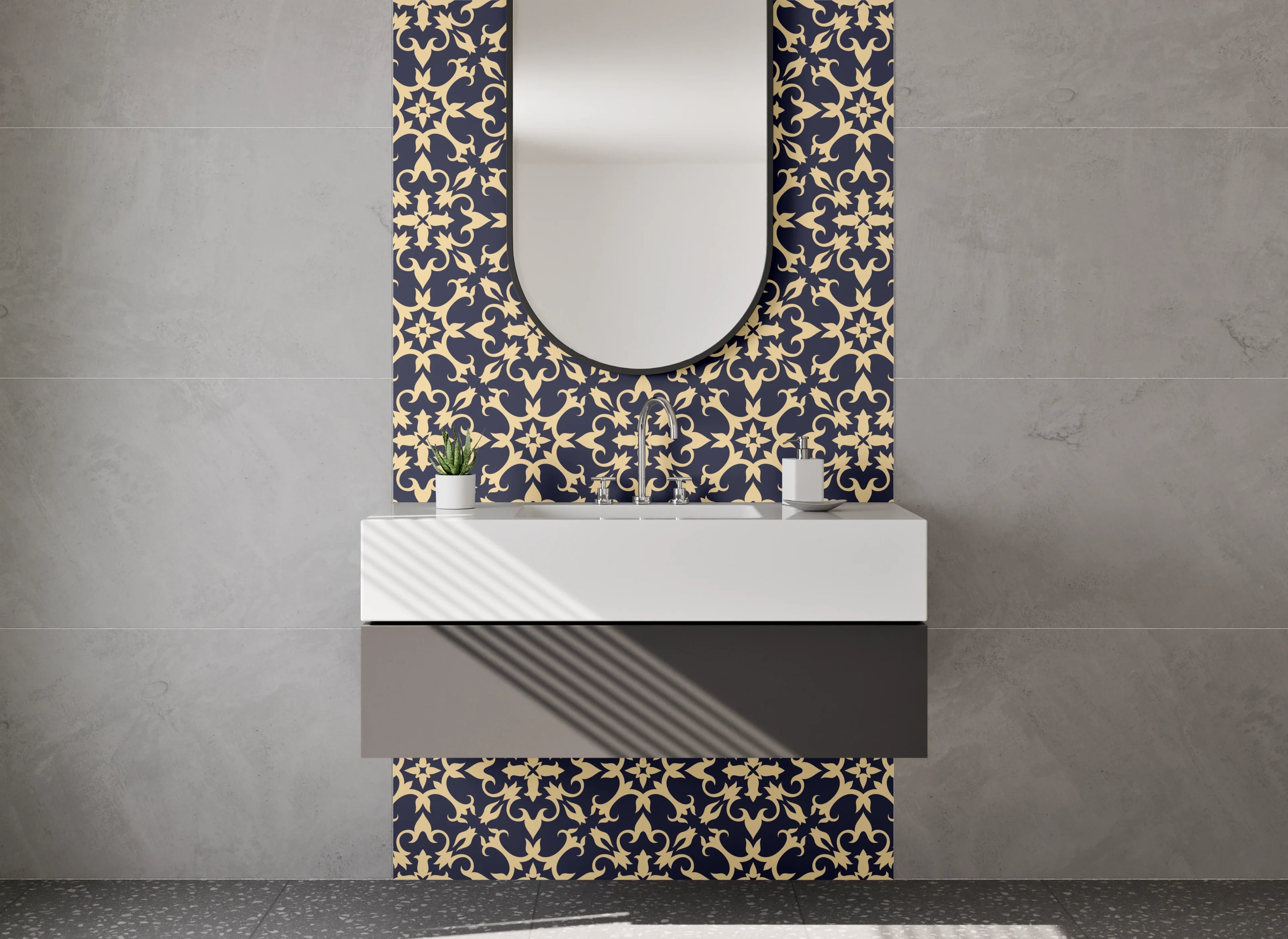 Waschbecken-Rückwand - Modernes geometrisches Muster Dunkelblau Gold