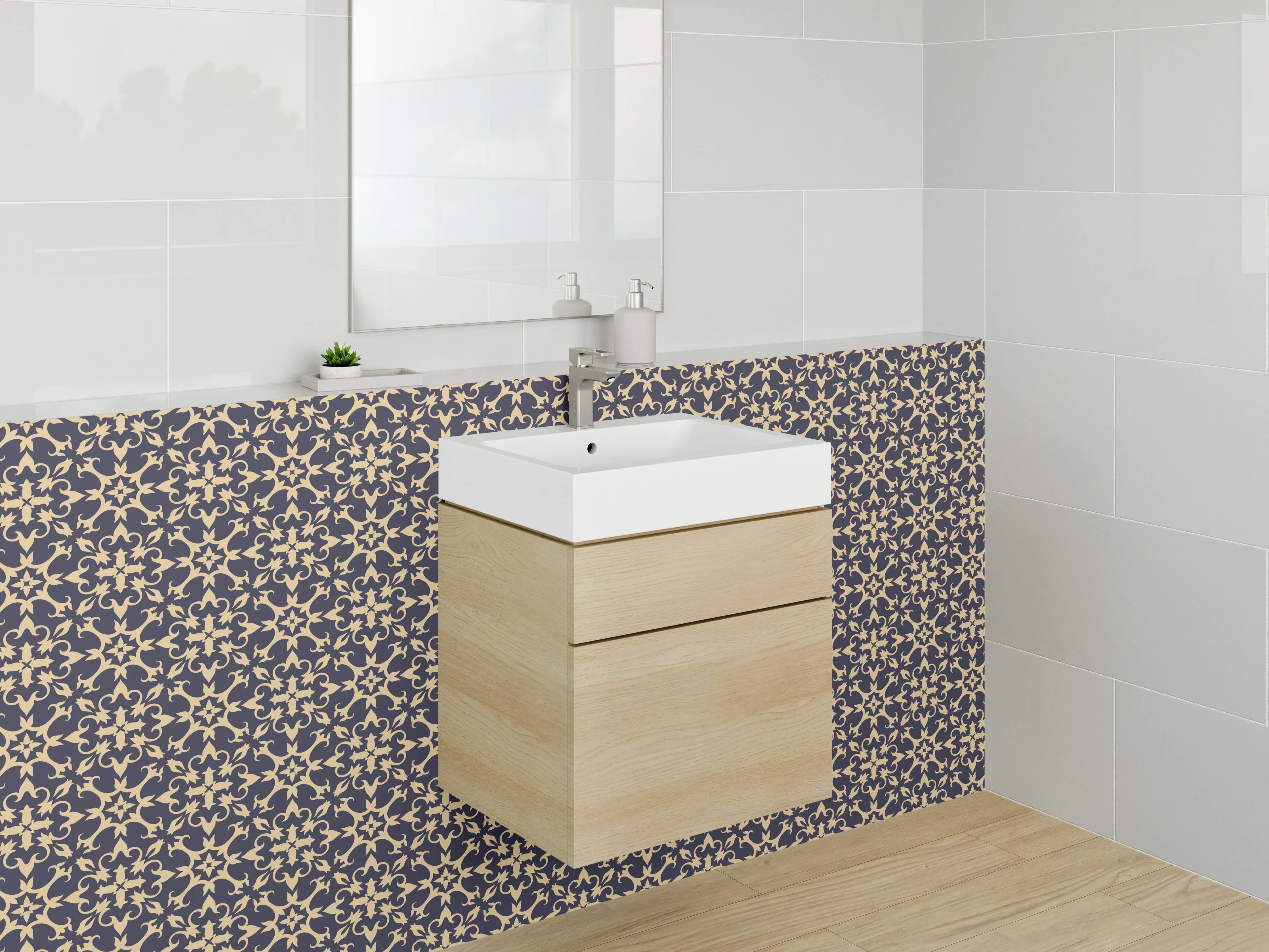 Waschbecken-Rückwand - Modernes geometrisches Muster Dunkelblau Gold