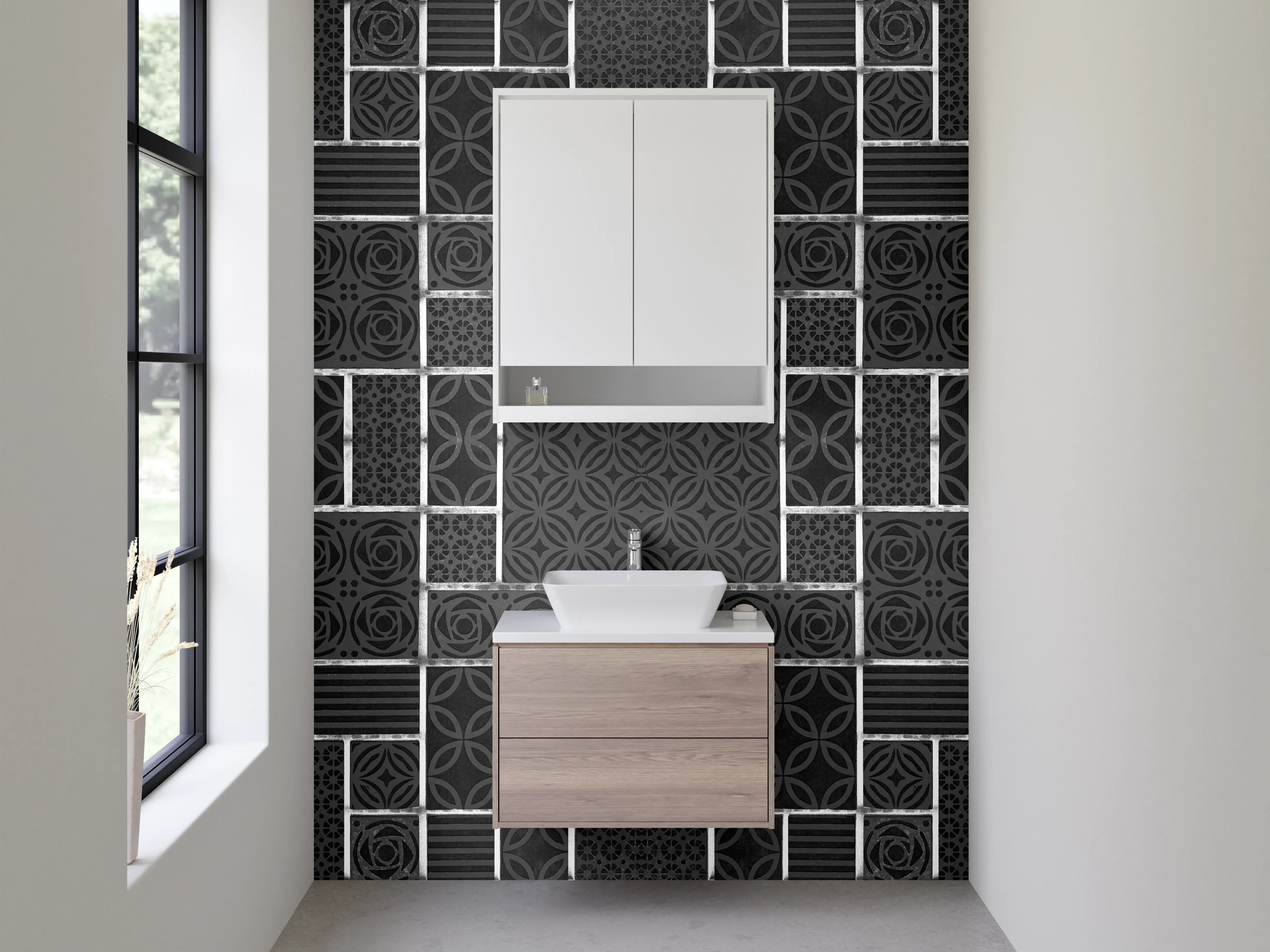 Waschbecken-Rückwand - Modernes geometrisches Muster Grau Schwarz