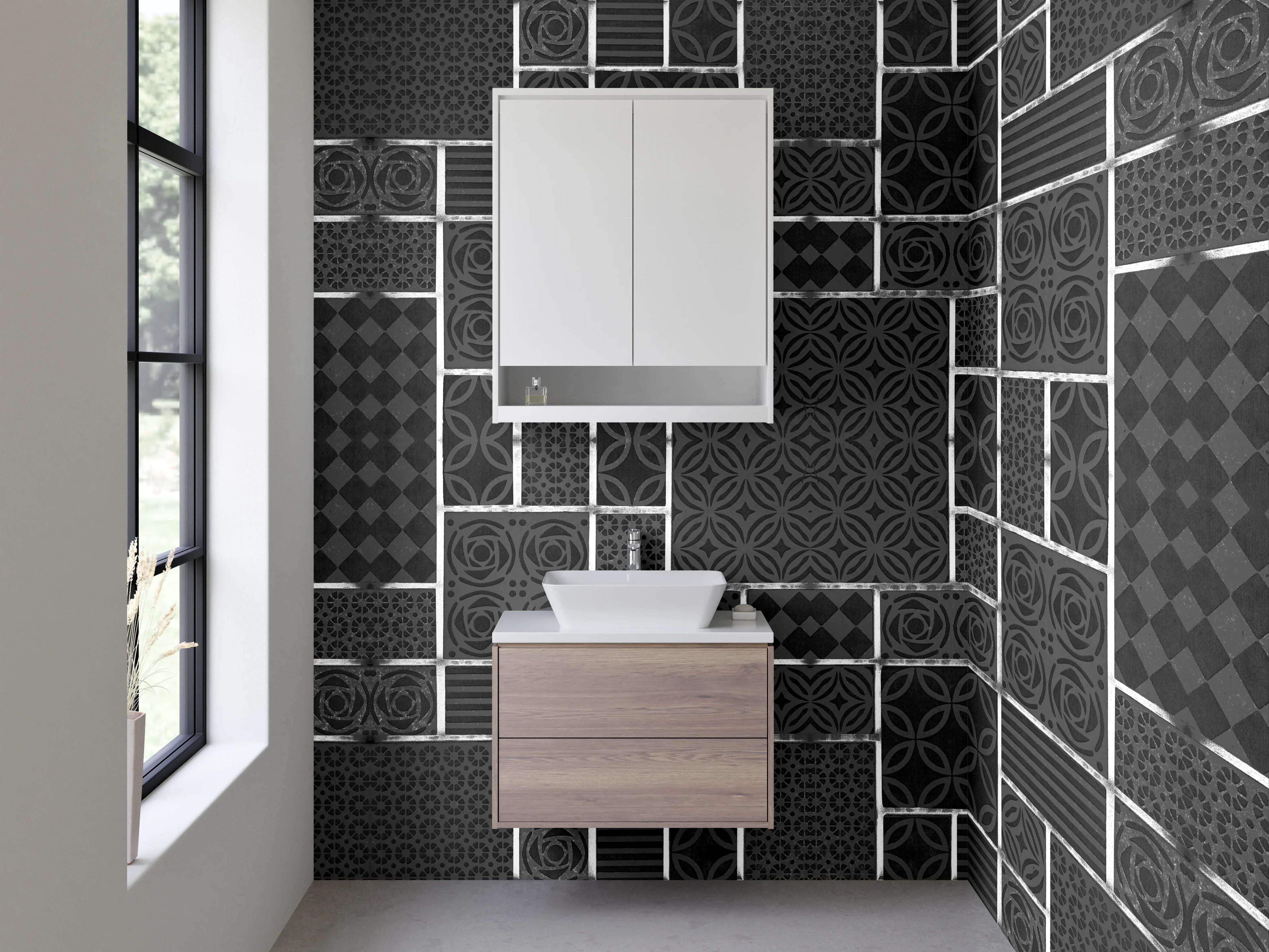 Waschbecken-Rückwand - Modernes geometrisches Muster Grau Schwarz