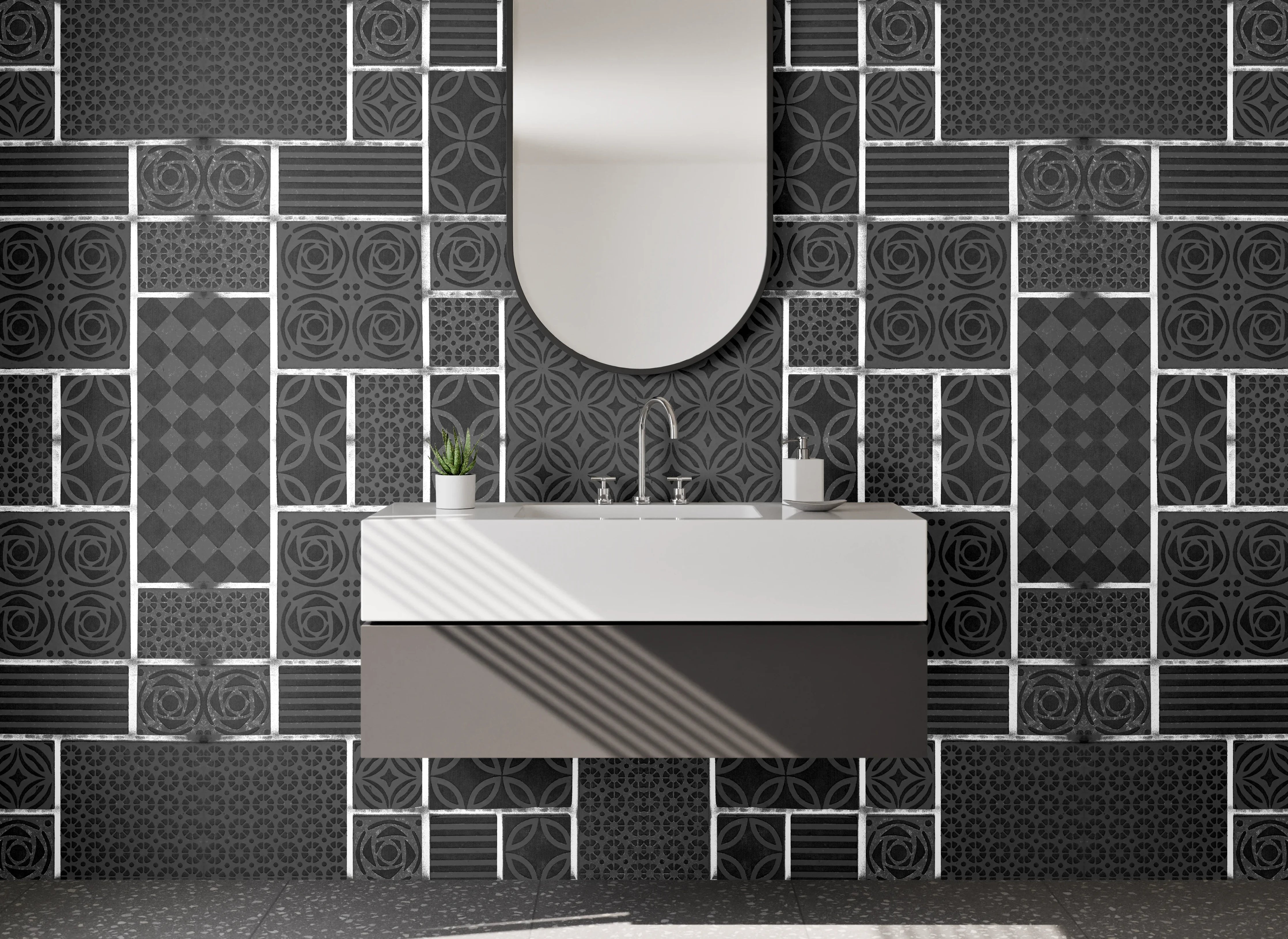 Waschbecken-Rückwand - Modernes geometrisches Muster Grau Schwarz