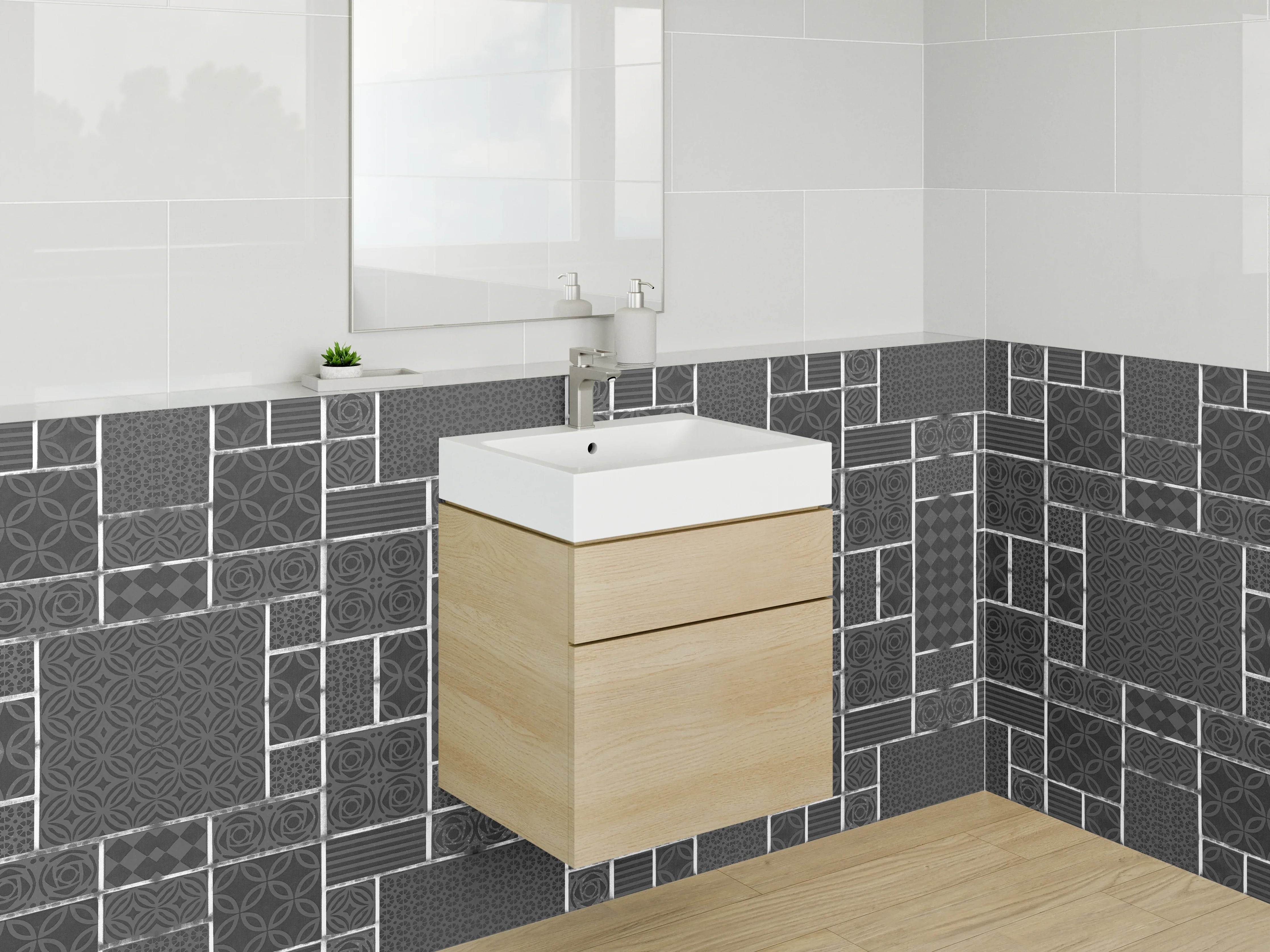 Waschbecken-Rückwand - Modernes geometrisches Muster Grau Schwarz