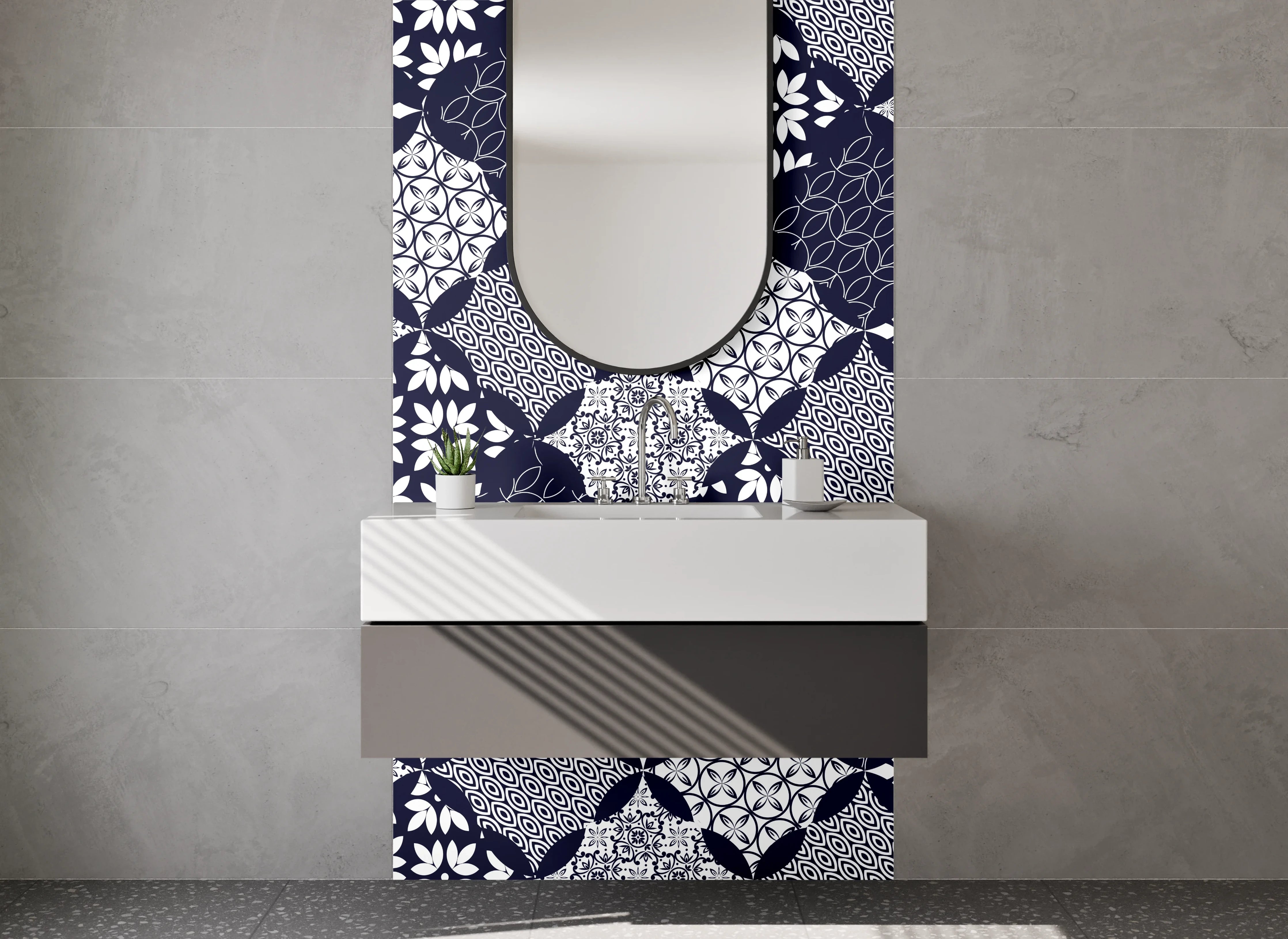 Waschbecken-Rückwand - Modernes geometrisches Rauten-Muster Blau Weiß