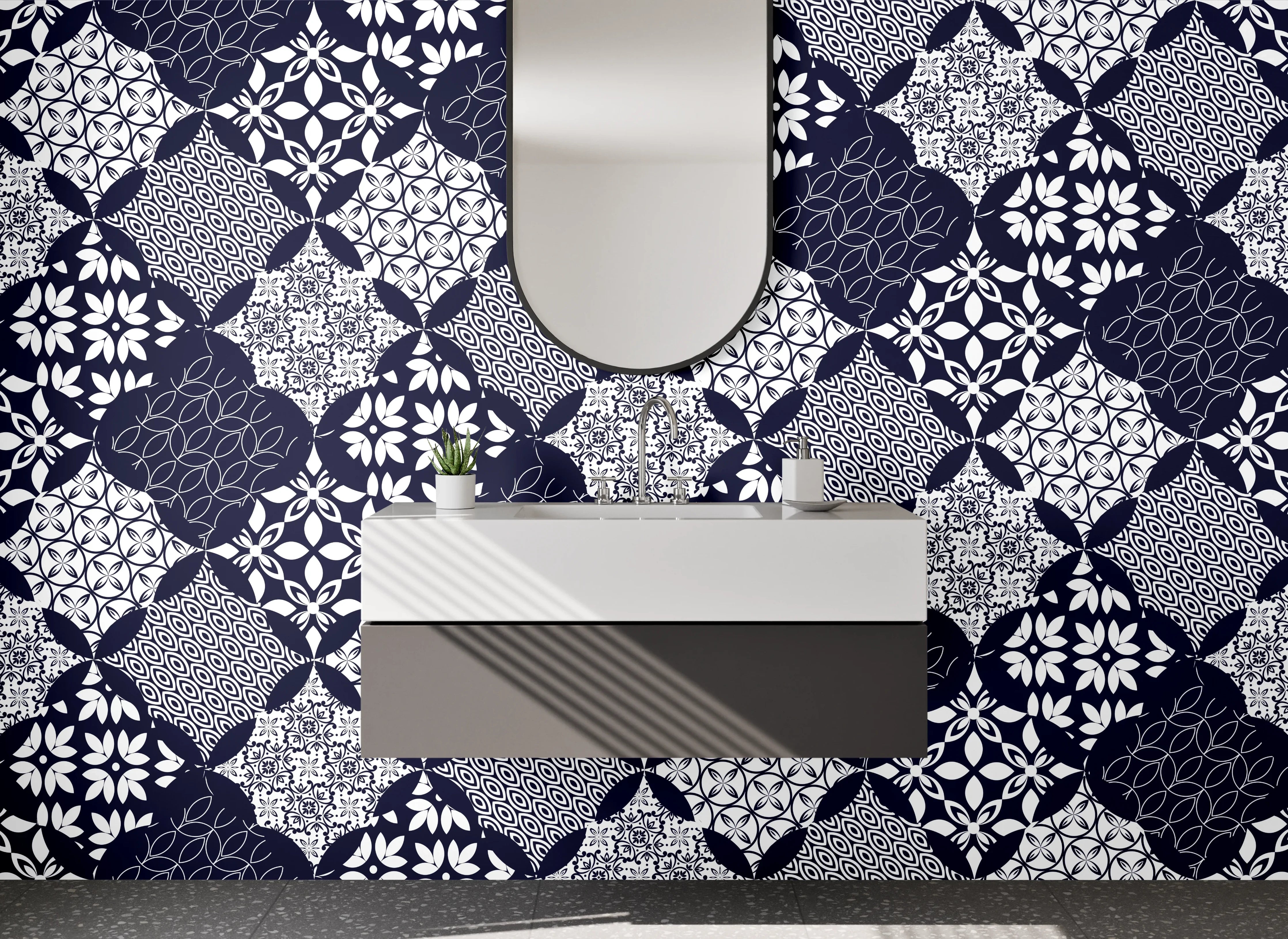 Waschbecken-Rückwand - Modernes geometrisches Rauten-Muster Blau Weiß