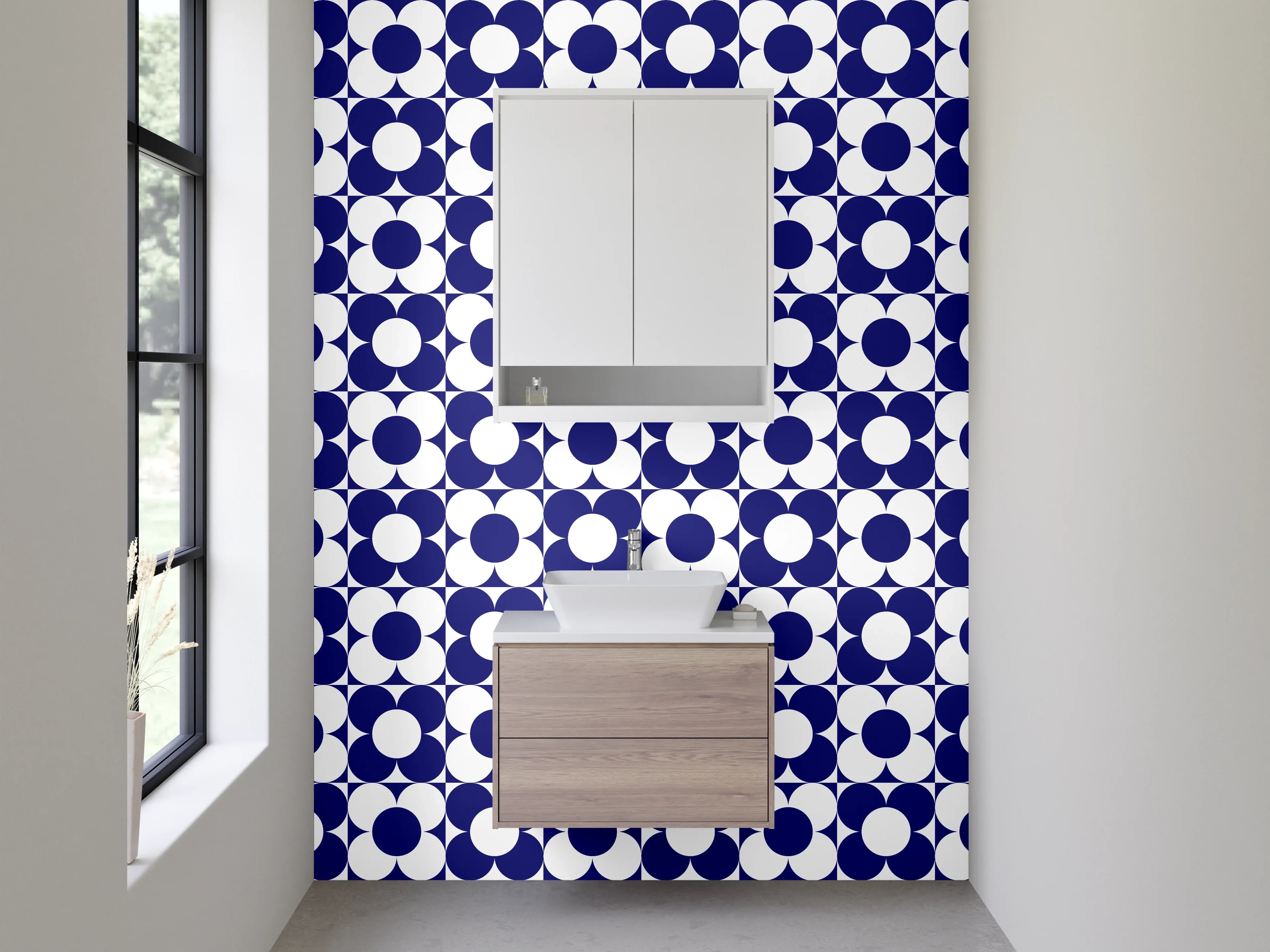 Waschbecken-Rückwand - Modernes geometrisches Retro-Muster Blau Weiß