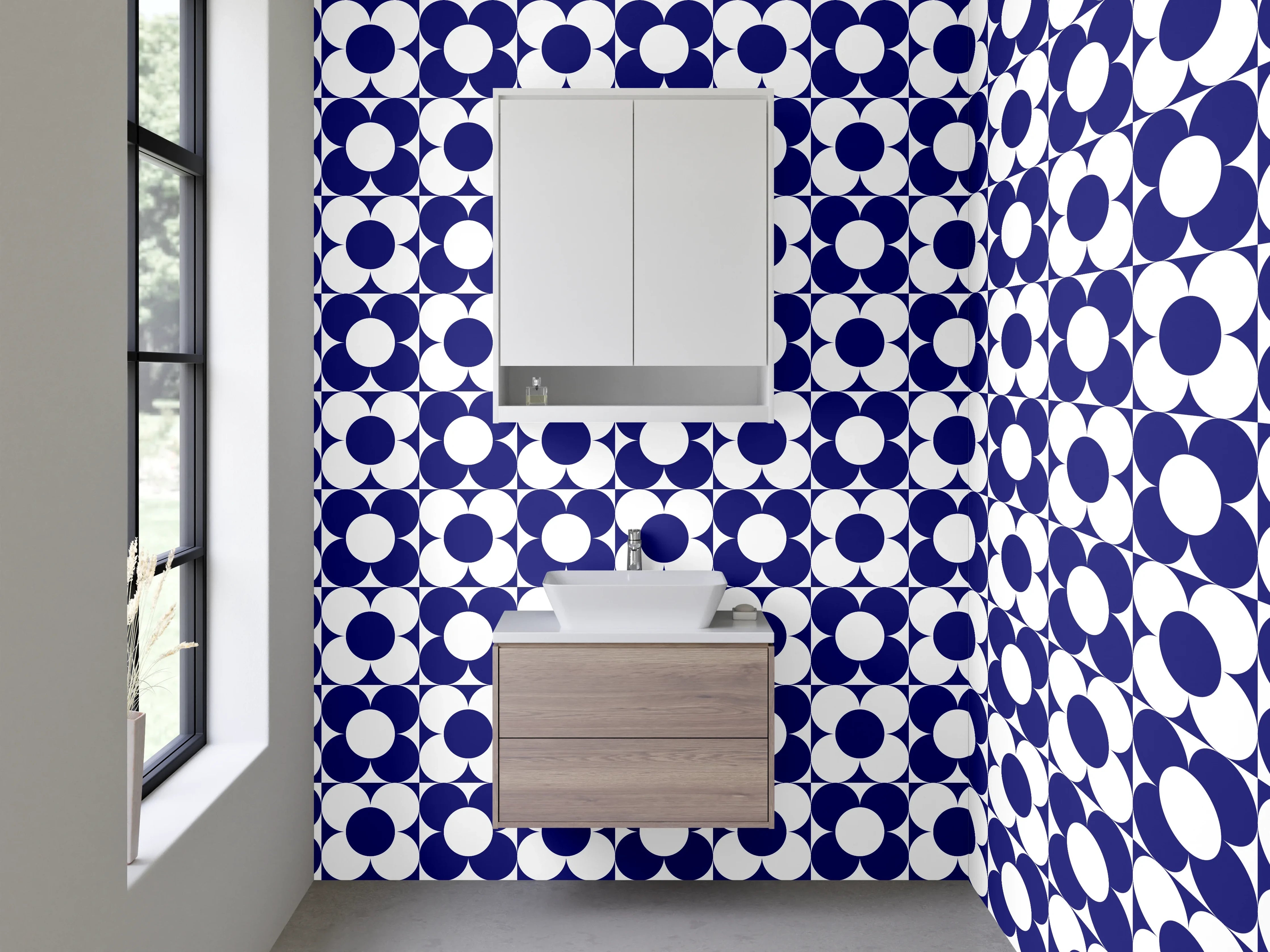Waschbecken-Rückwand - Modernes geometrisches Retro-Muster Blau Weiß