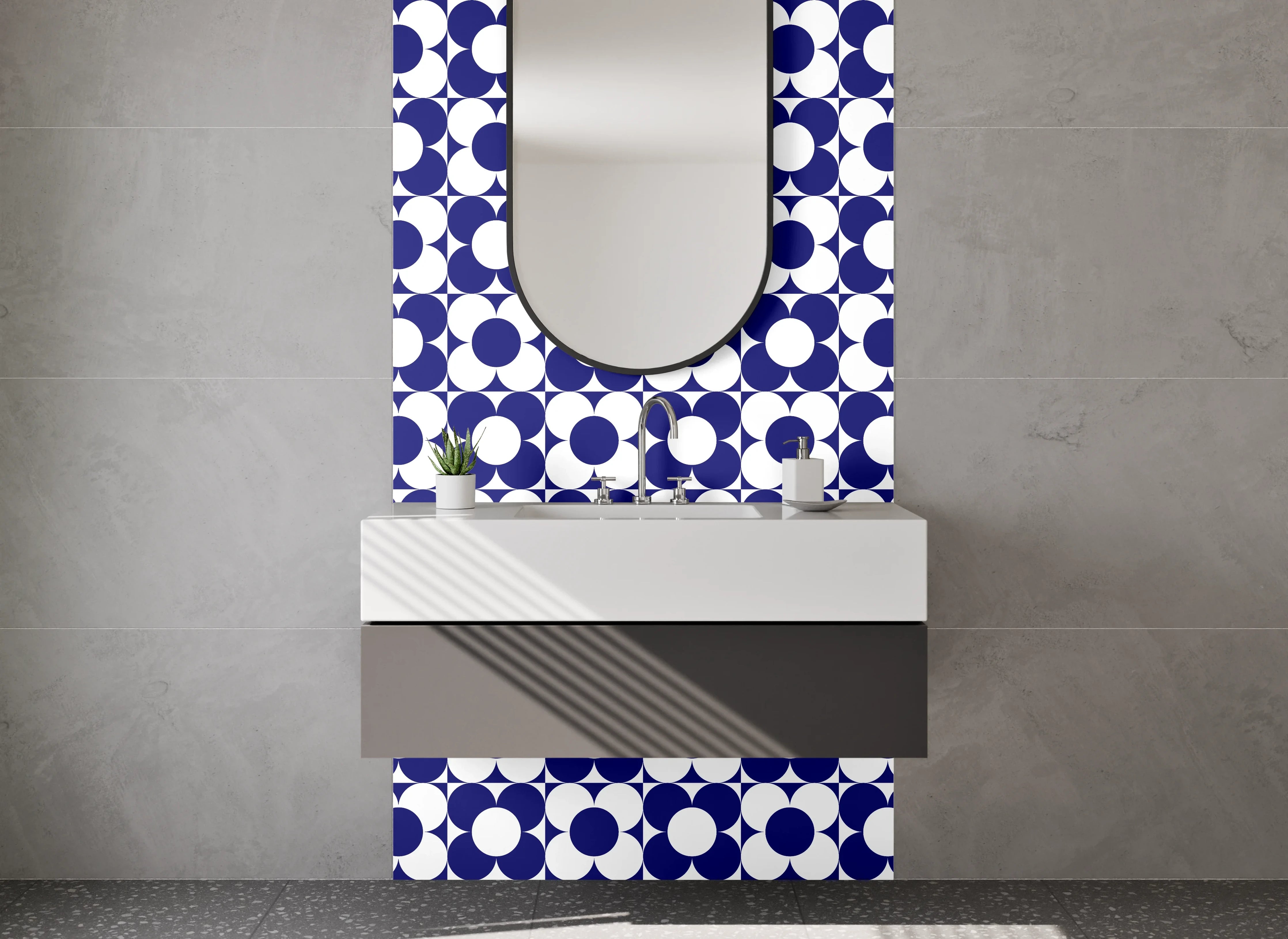 Waschbecken-Rückwand - Modernes geometrisches Retro-Muster Blau Weiß