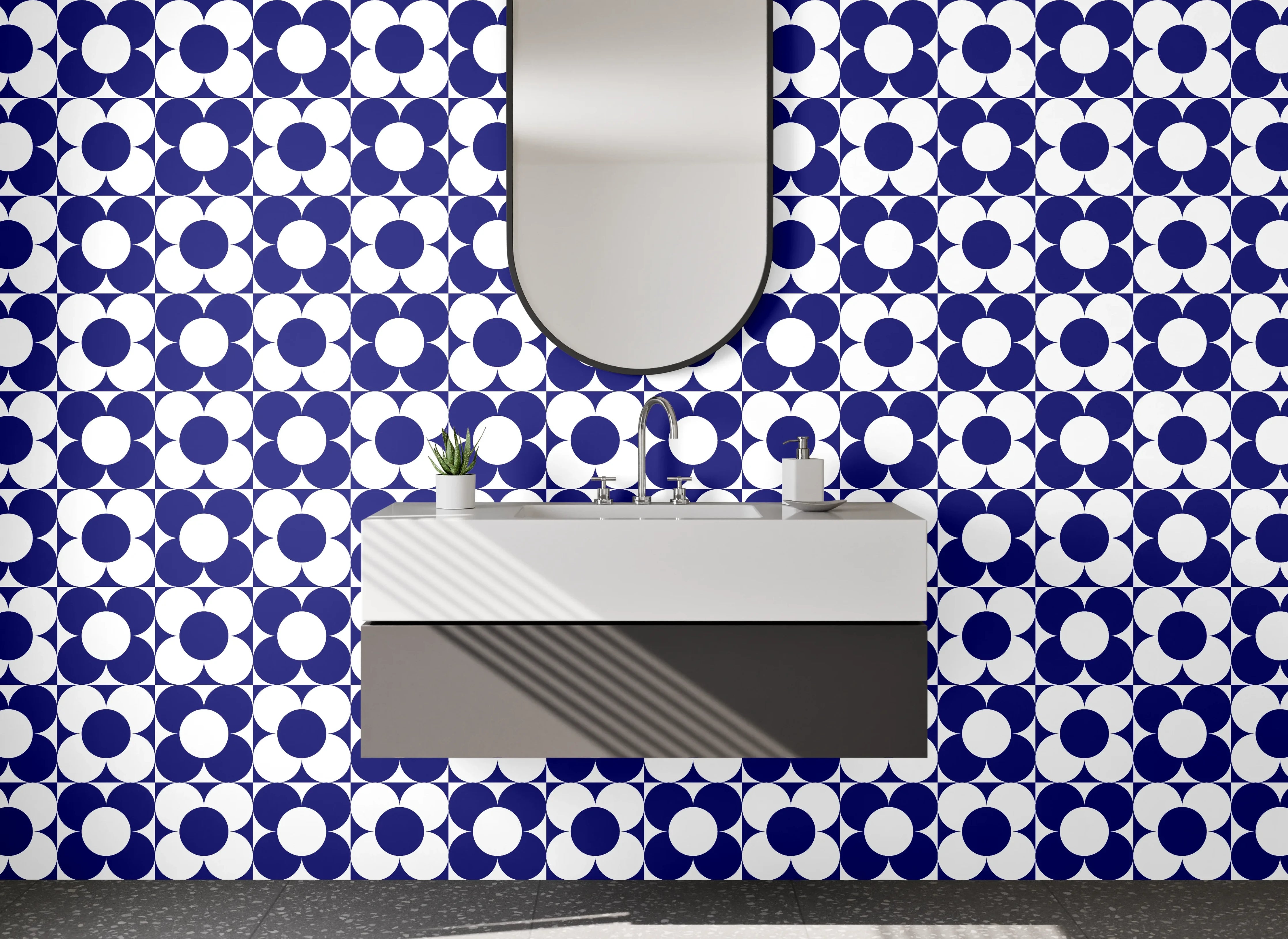 Waschbecken-Rückwand - Modernes geometrisches Retro-Muster Blau Weiß