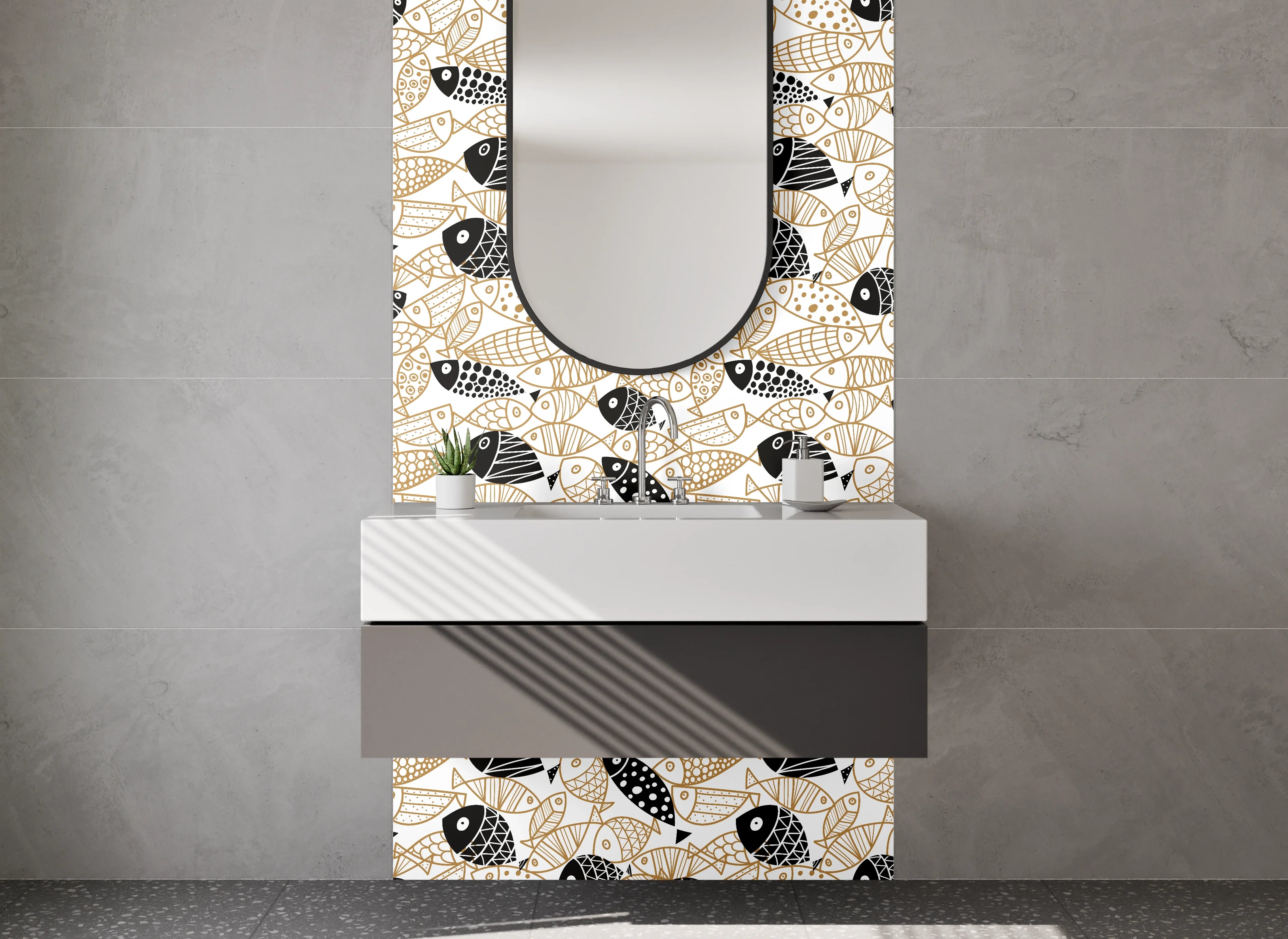 Waschbecken-Rückwand - Modisches Fischmuster in Schwarz & Beige