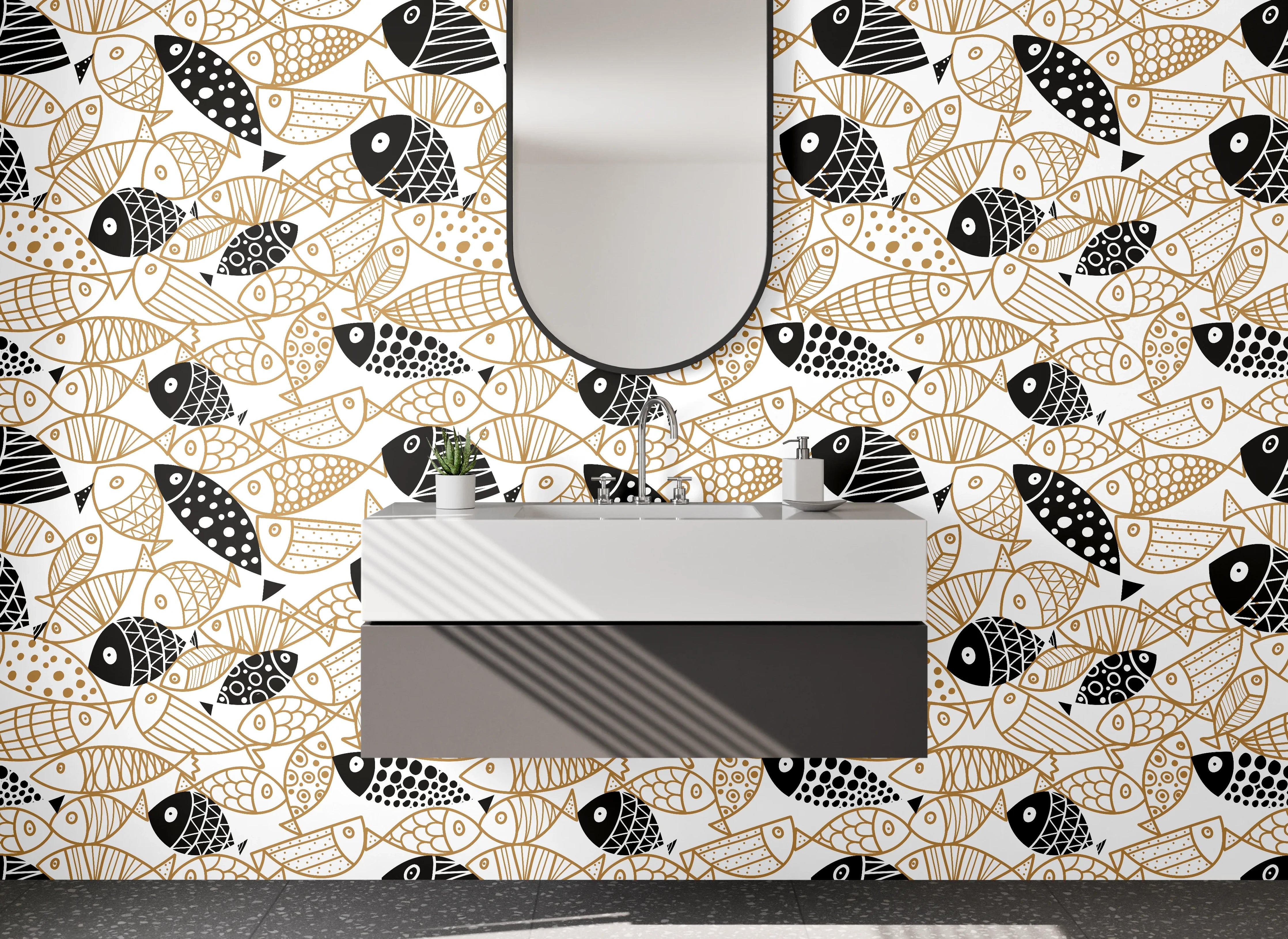 Waschbecken-Rückwand - Modisches Fischmuster in Schwarz & Beige