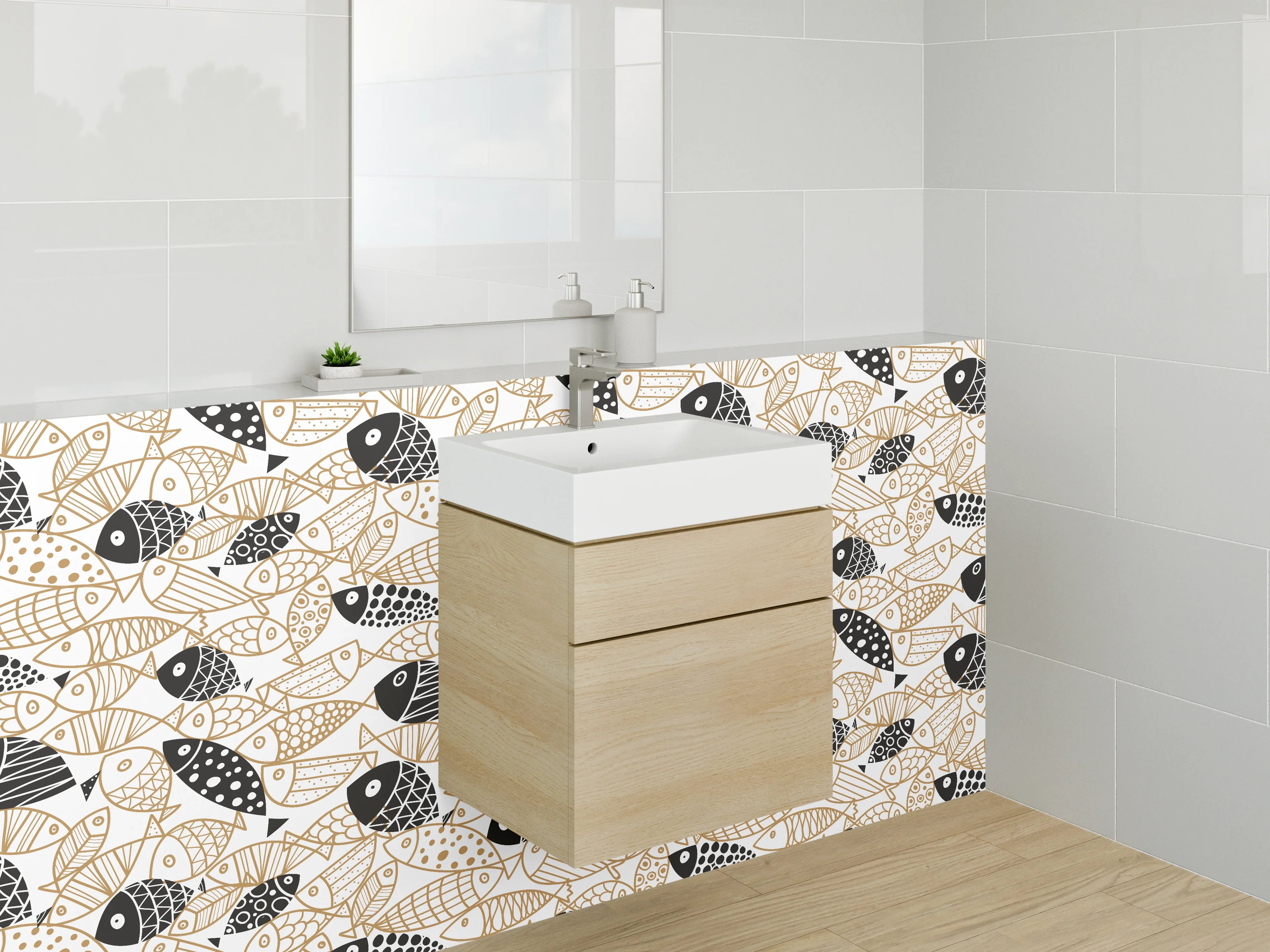 Waschbecken-Rückwand - Modisches Fischmuster in Schwarz & Beige