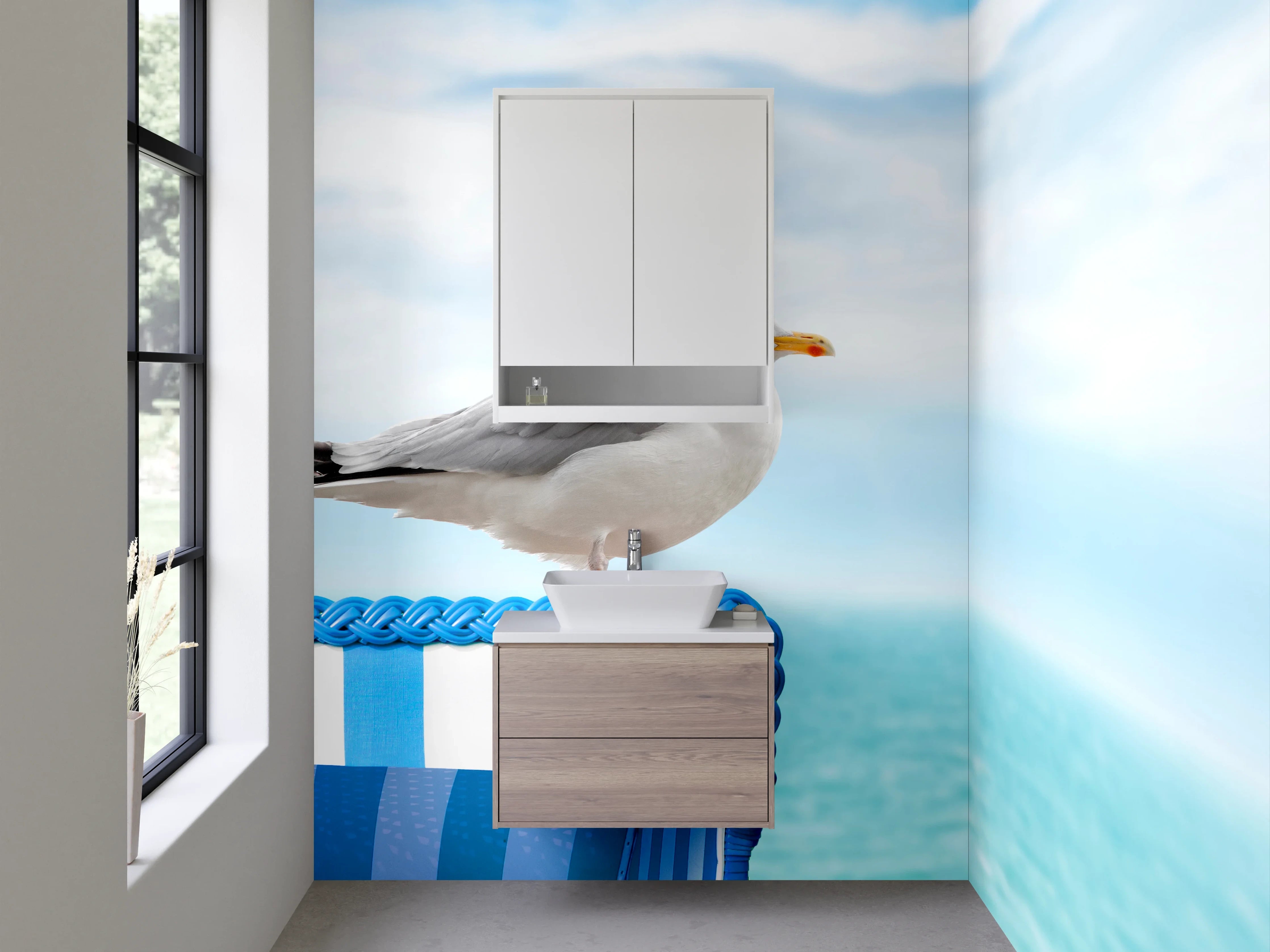 Waschbecken-Rückwand - Möwe am Meer auf Strandkorb