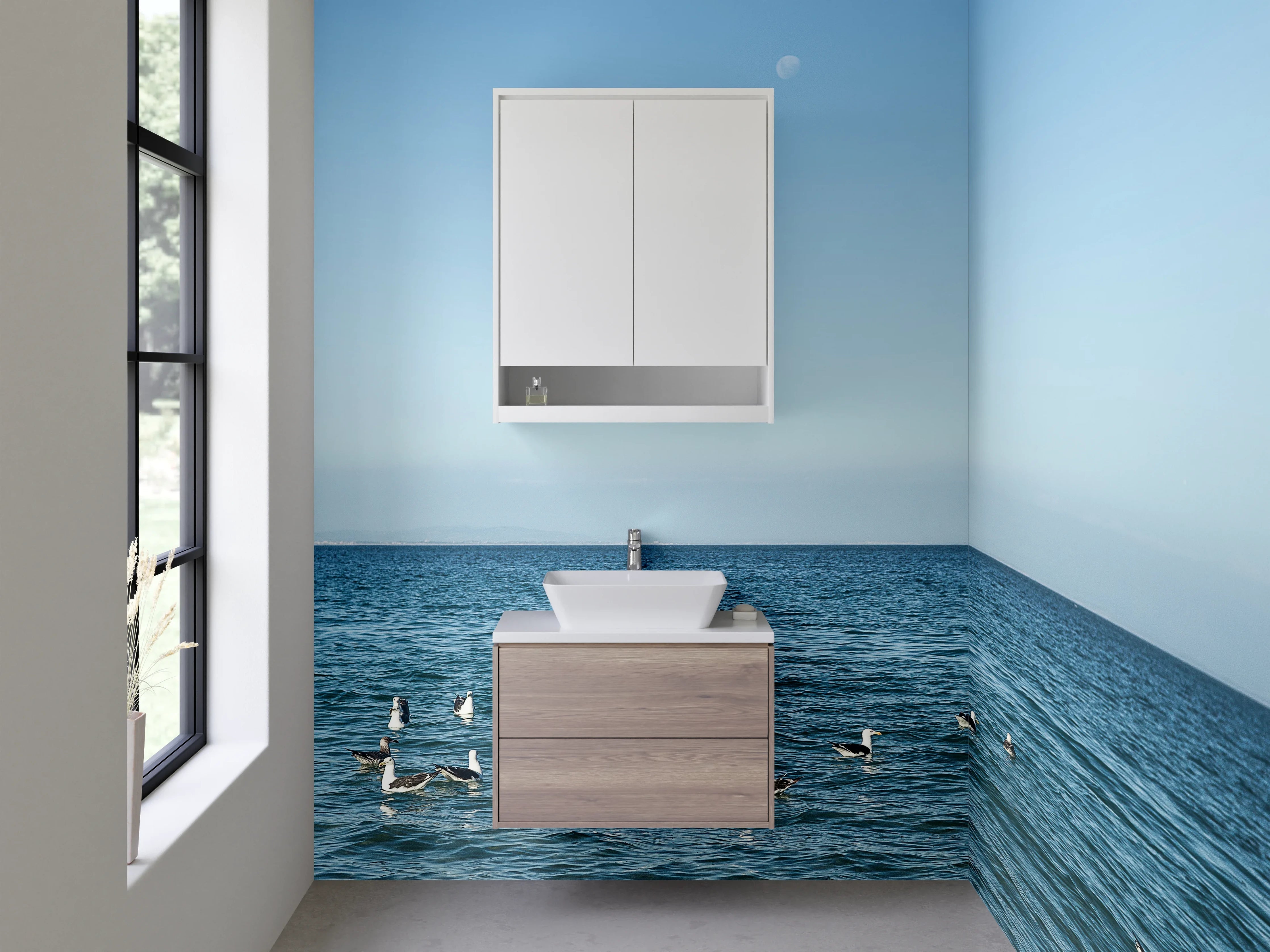 Waschbecken-Rückwand - Möwen am ruhigen Meer bei blauem Himmel