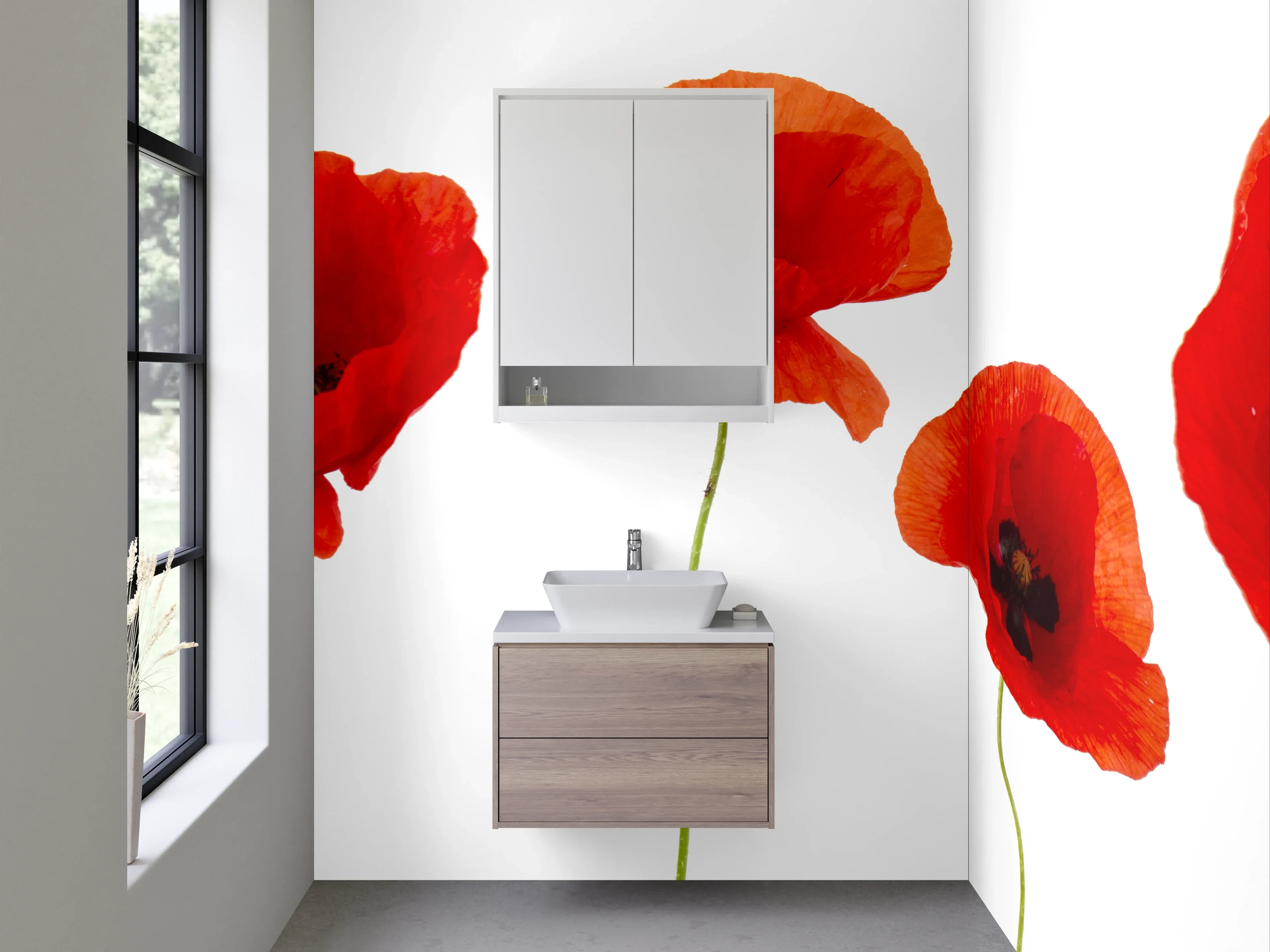 Waschbecken-Rückwand - Mohnblumen auf Weiß – Florale Eleganz