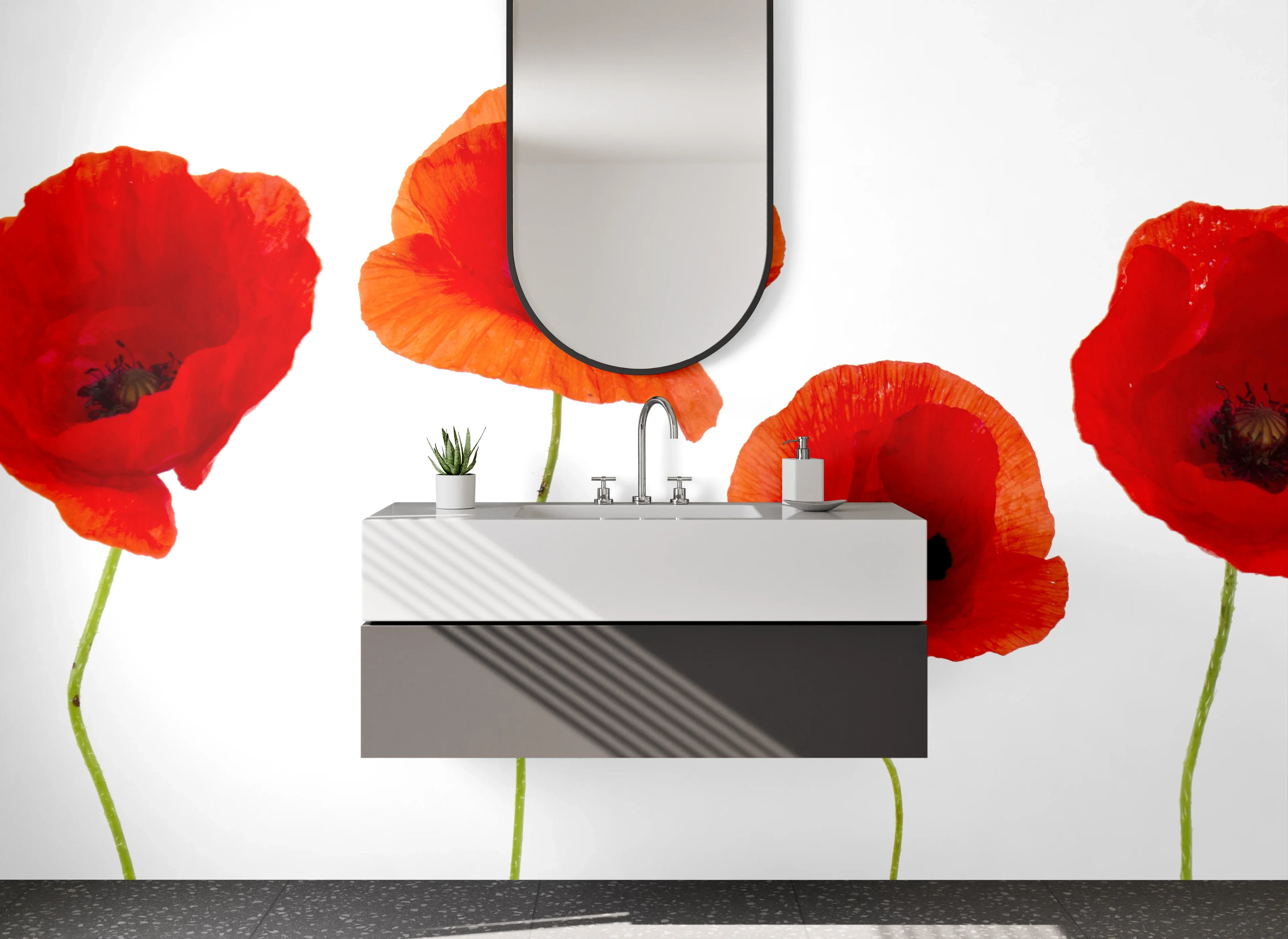 Waschbecken-Rückwand - Mohnblumen auf Weiß – Florale Eleganz